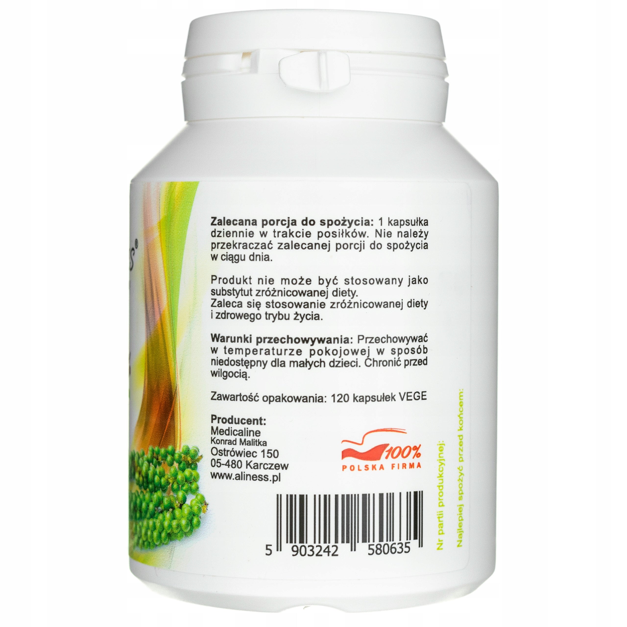 PIPERINE 95% EXTRACT ALINESS PIPERINE 120 KAP Expiration date at least 3 months from the date of purchase