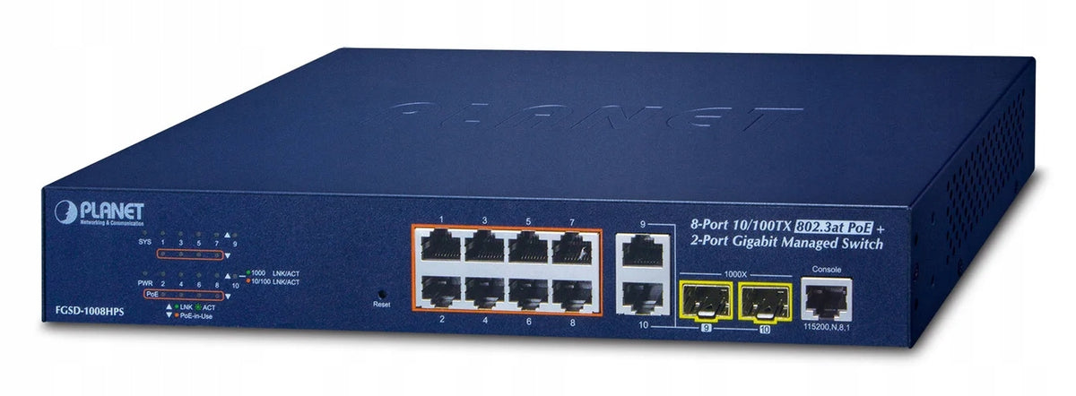 PLANET FGSD-1008HPS network links Managed Fast Ethernet (10/100) O...