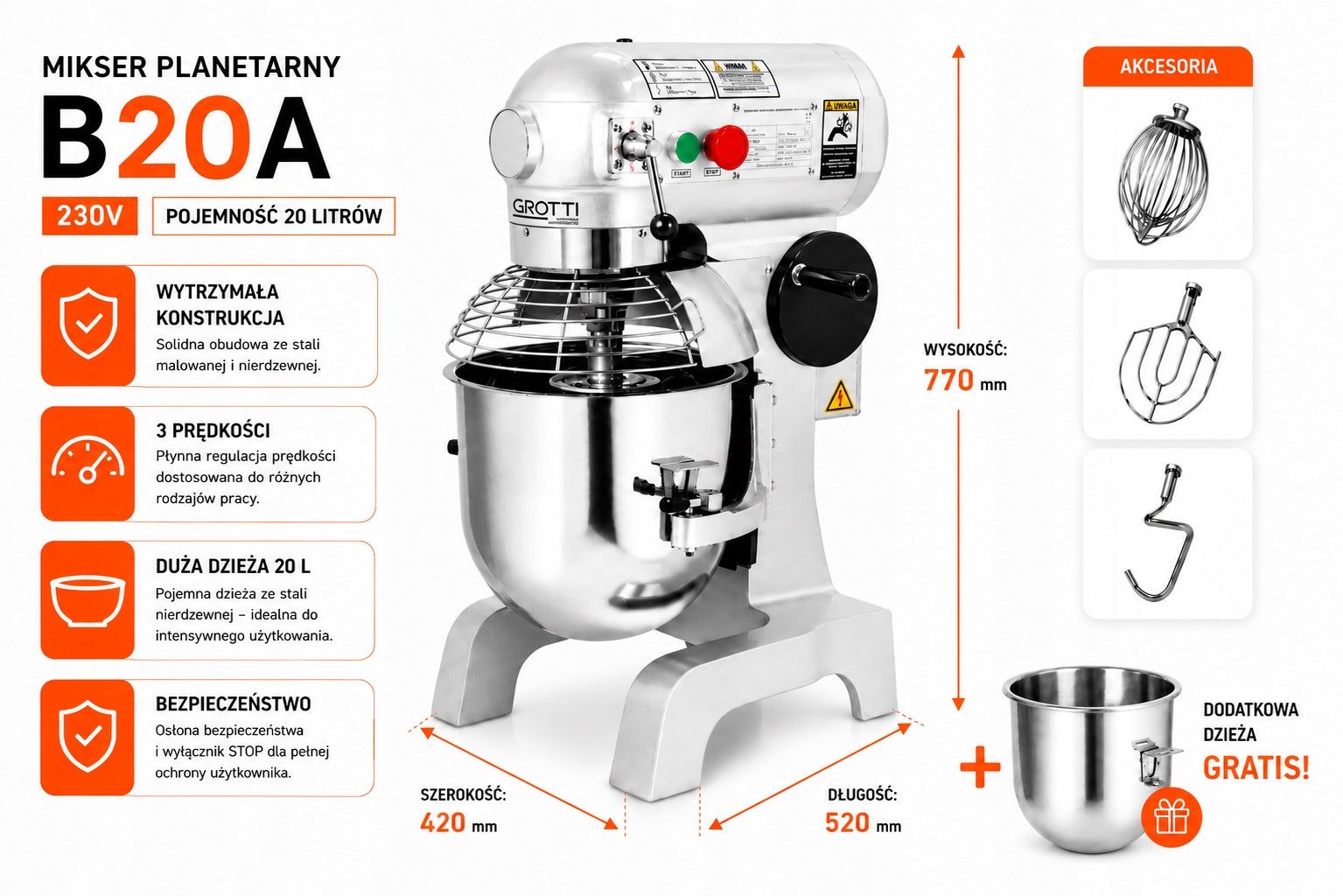 PLANETARY GASTRONOMIC MIXER 20L 3SPEEDS TRANSMISSION METAL+HOUSE FREEBIE Packaging status original