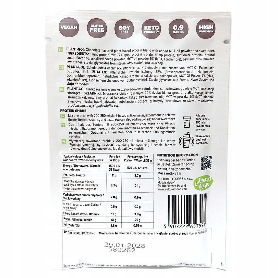 PLANT-GO! Chocolate Flavoured Vegetable Protein with MCT 33 g Packaging status original