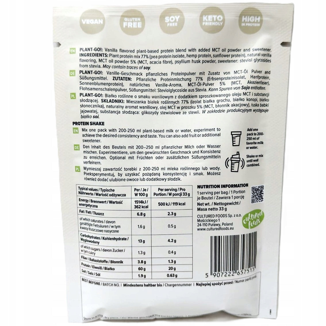 PLANT-GO! Vanilla flavoured vegetable protein with the addition of MCT 33g Packaging status original
