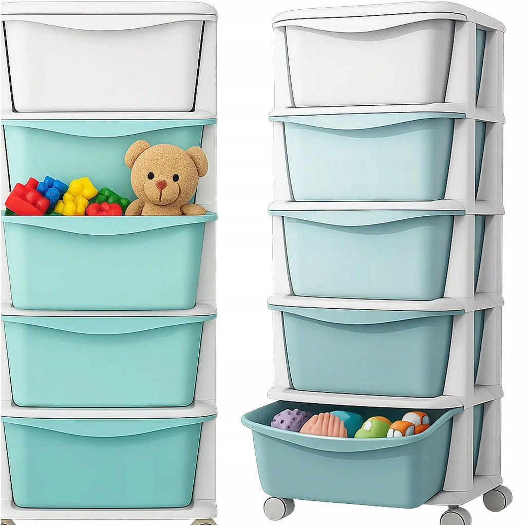 PLASTIC CONTAINER RACK TOY BASKET DRAWERS 5 SHELVES ON WHEELS