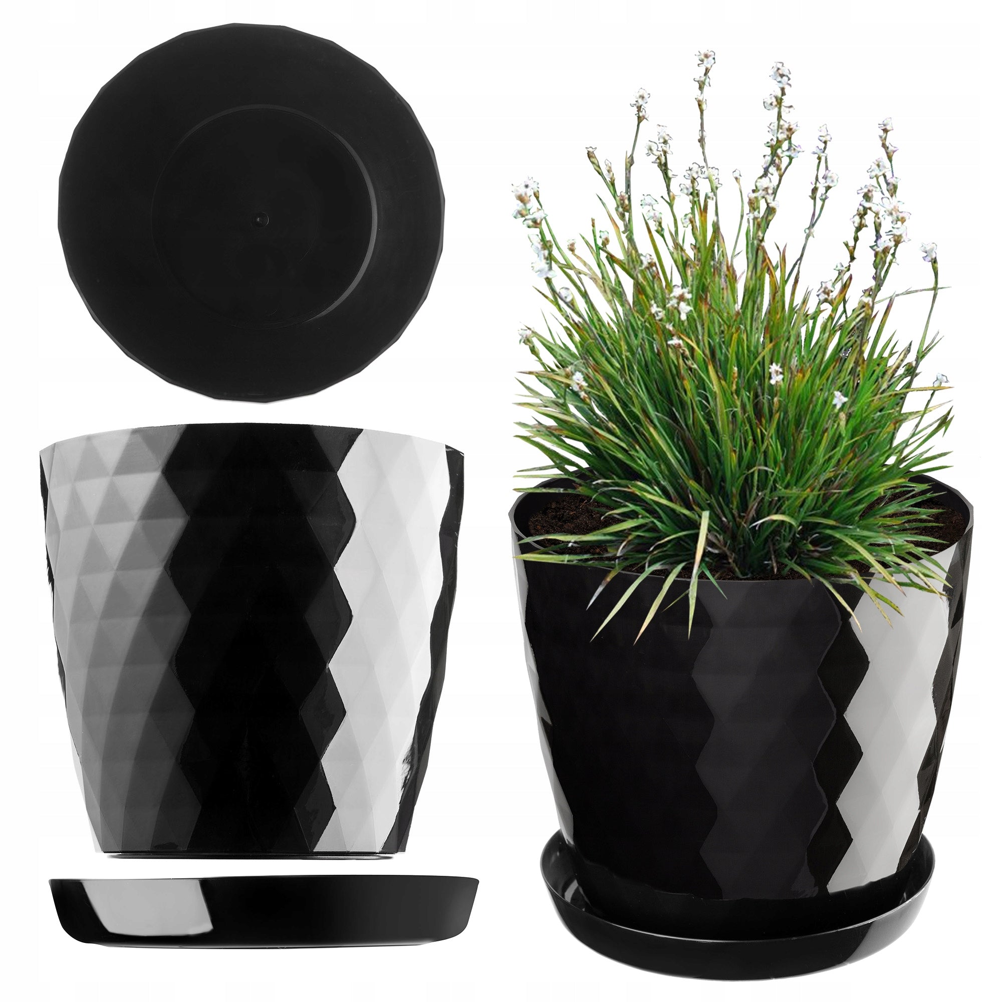 PLASTIC FLOWER POT WITH STAND FLOWER POT COVER 20cm BLACK KADAX