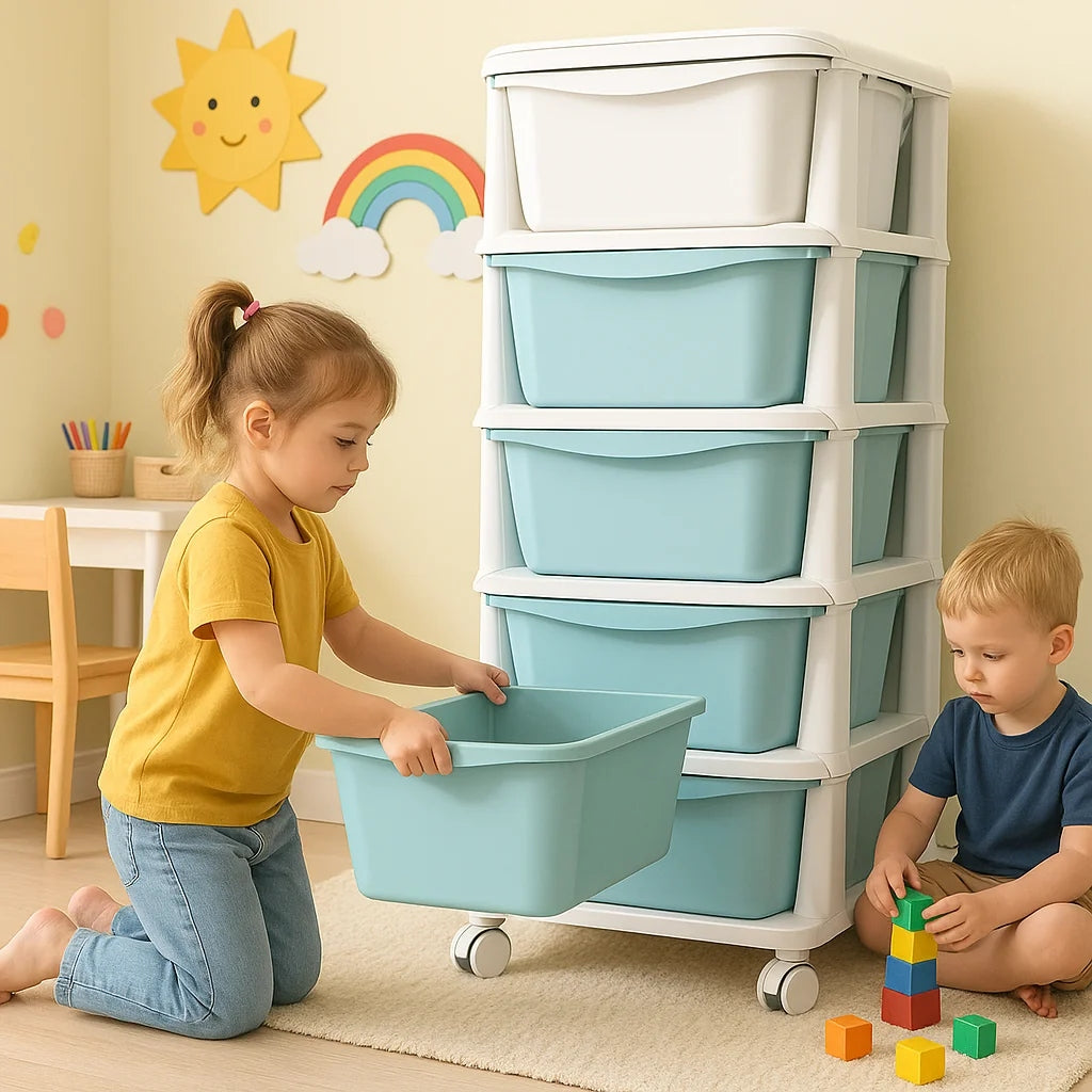 PLASTIC RACK CONTAINER BASKET TOYS DRAWERS MOBILE 5 SHELVES GREEN Packaging status original