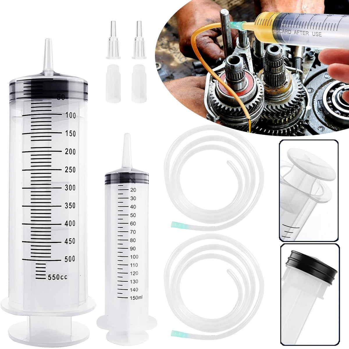 PLASTIC SYRINGE 150 ML 550 ML BRAKE FLUID SET Packaging status original
