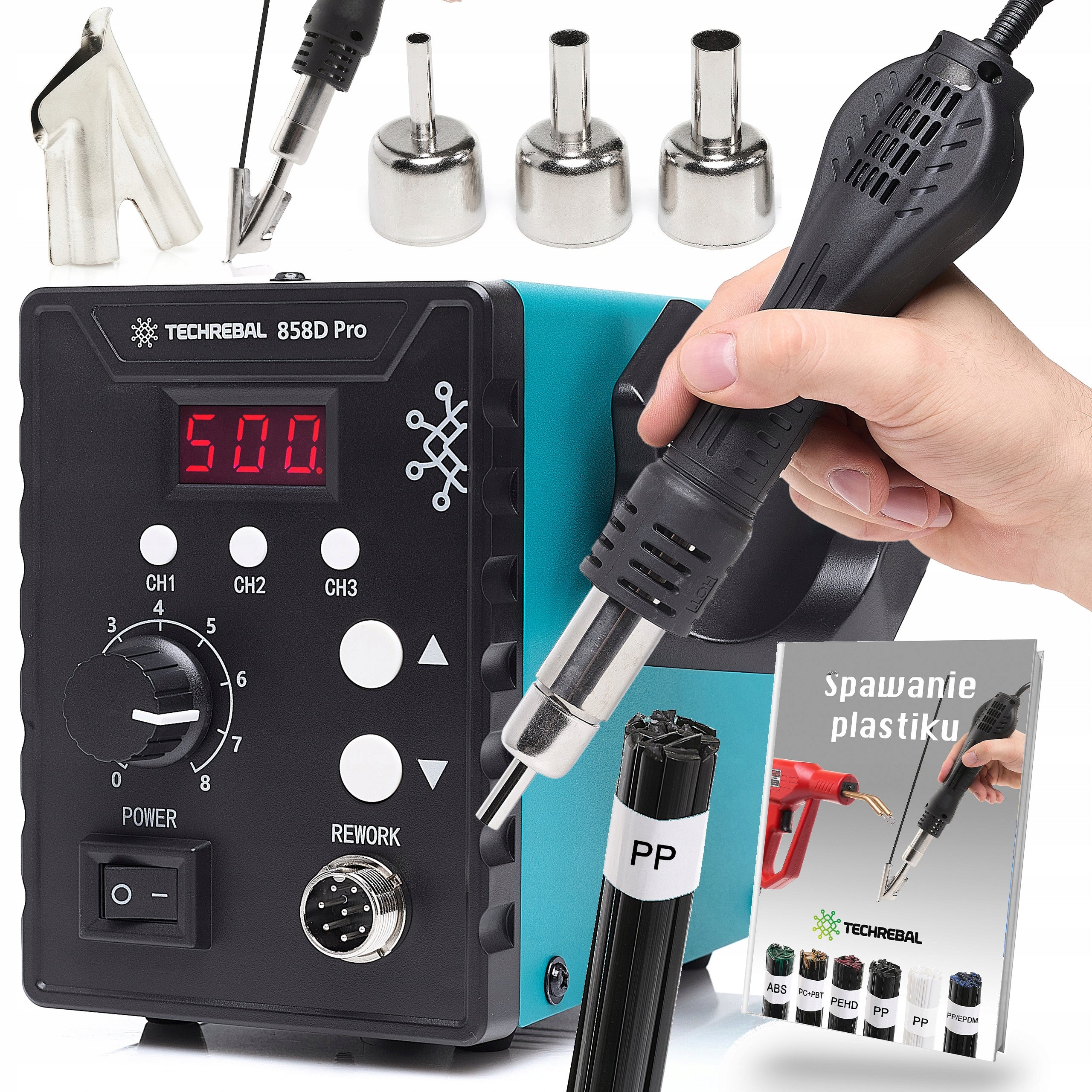 PLASTIC WELDER soldering iron hot air Techrebal 858D Pro nozzle BUT 3 memory