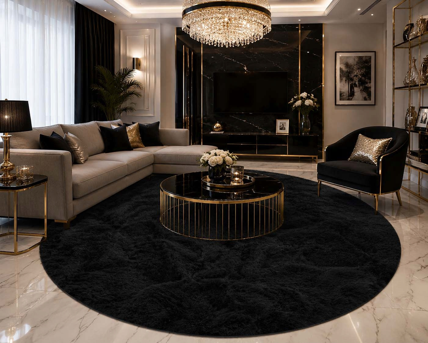 PLUSH CARPET RABBIT FUR SOFT VELVET RABBIT BLACK ROUND 100 cm Brand ELSIMONE CARPET