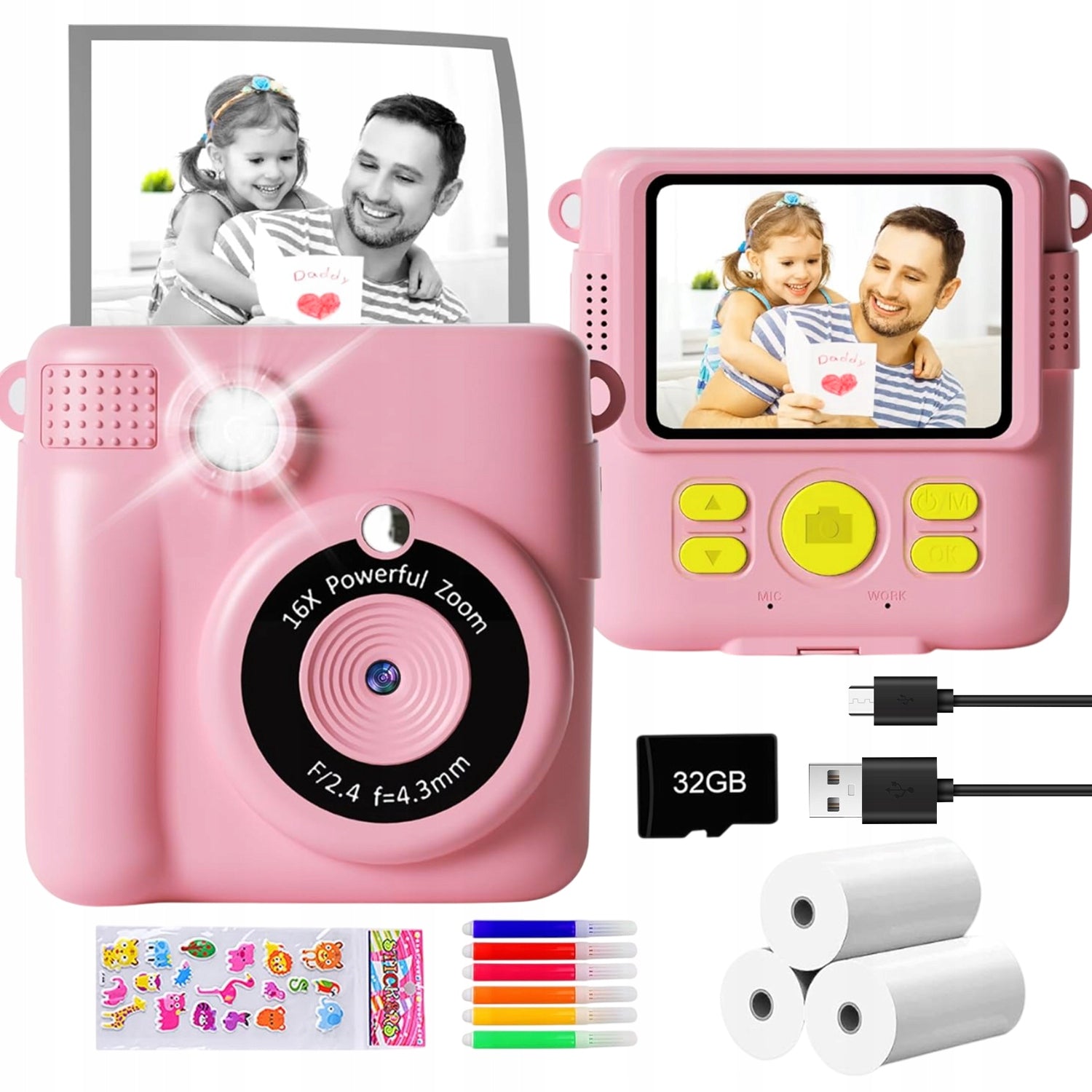 POCKET MINI THERMAL PRINTER USB POLAROID 2,4'' IPS SCREEN + 3 ROLLS