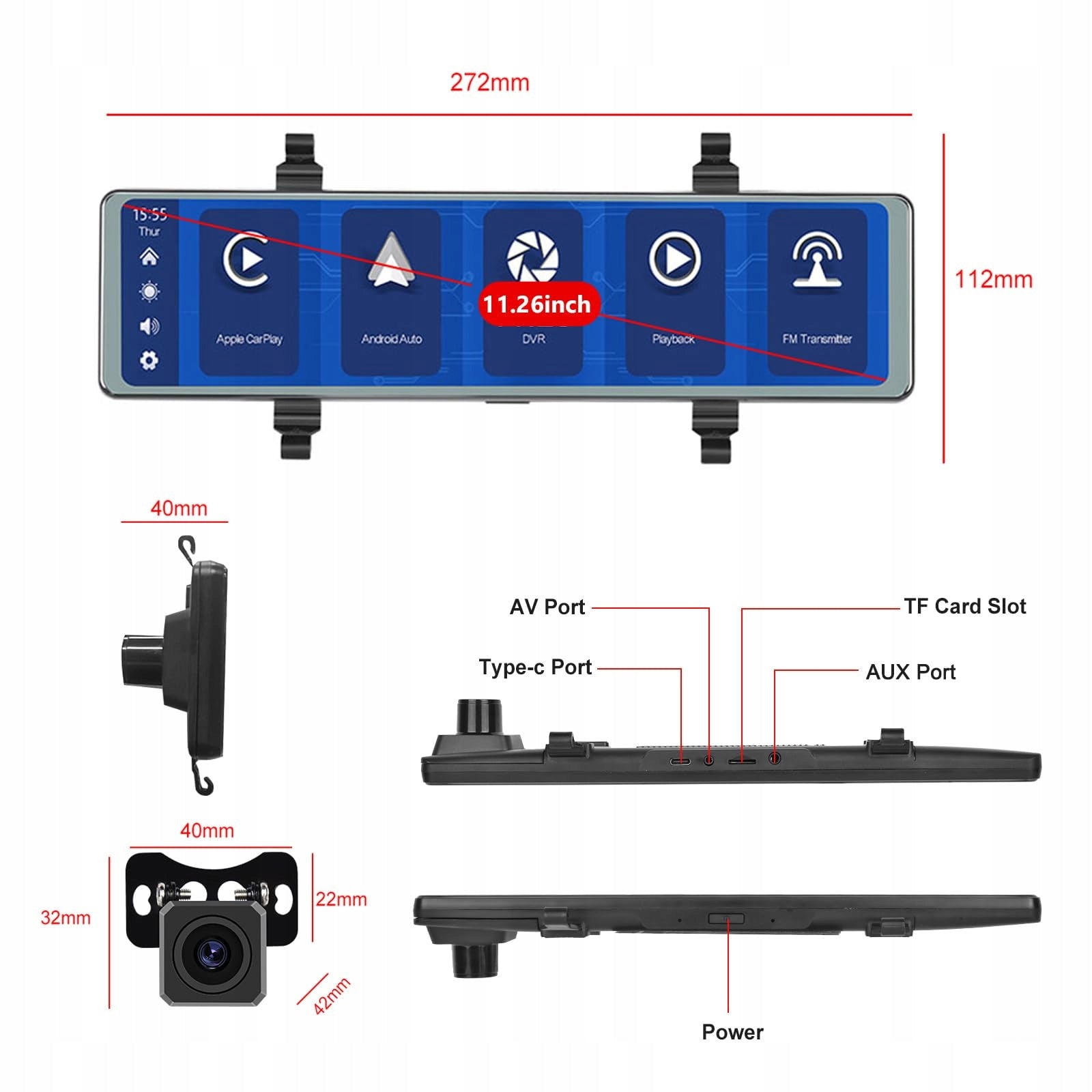PODOFO Car Camera Mirror 11,26 IPS Carplay Android Auto Bluetooth Packaging status original