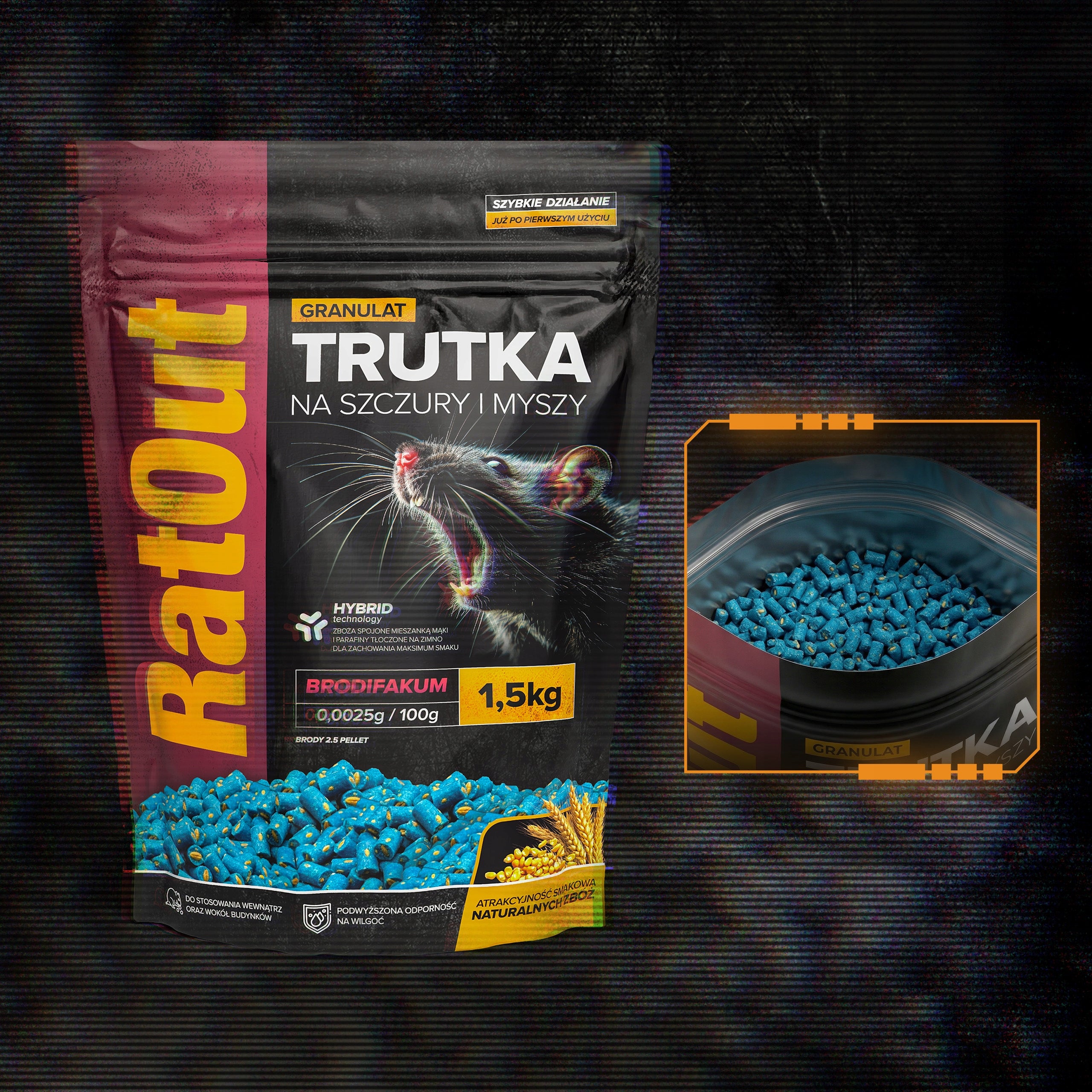 POISON FOR RATS MICE RODENTS RATOUT BRODIFACOUM PELLET PELLETS 1,5KG Manufacturer code ŚRODEK GRYZONIOBÓJCZY TRUCIZNA NA MYSZY 1500G