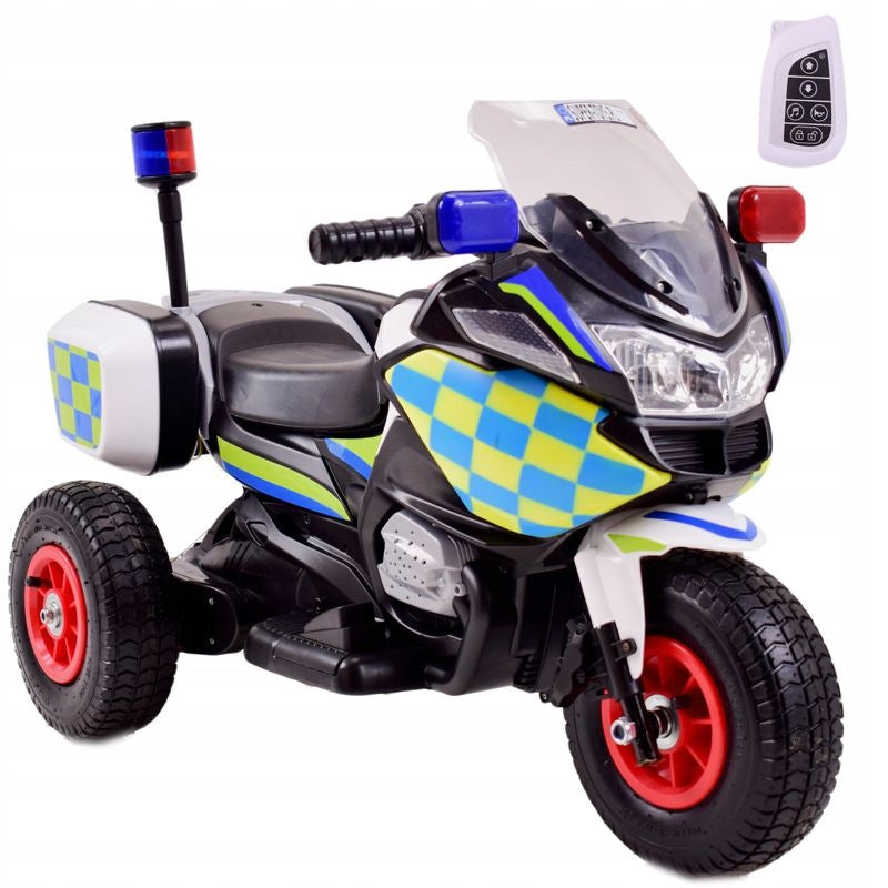 POLICE MOTOR WITH ROOSTER, PUMPED WHEELS, SOUNDS, TWO ENGINES,PILOT/A608 Manufacturer code A-608-AIR-BIAŁY