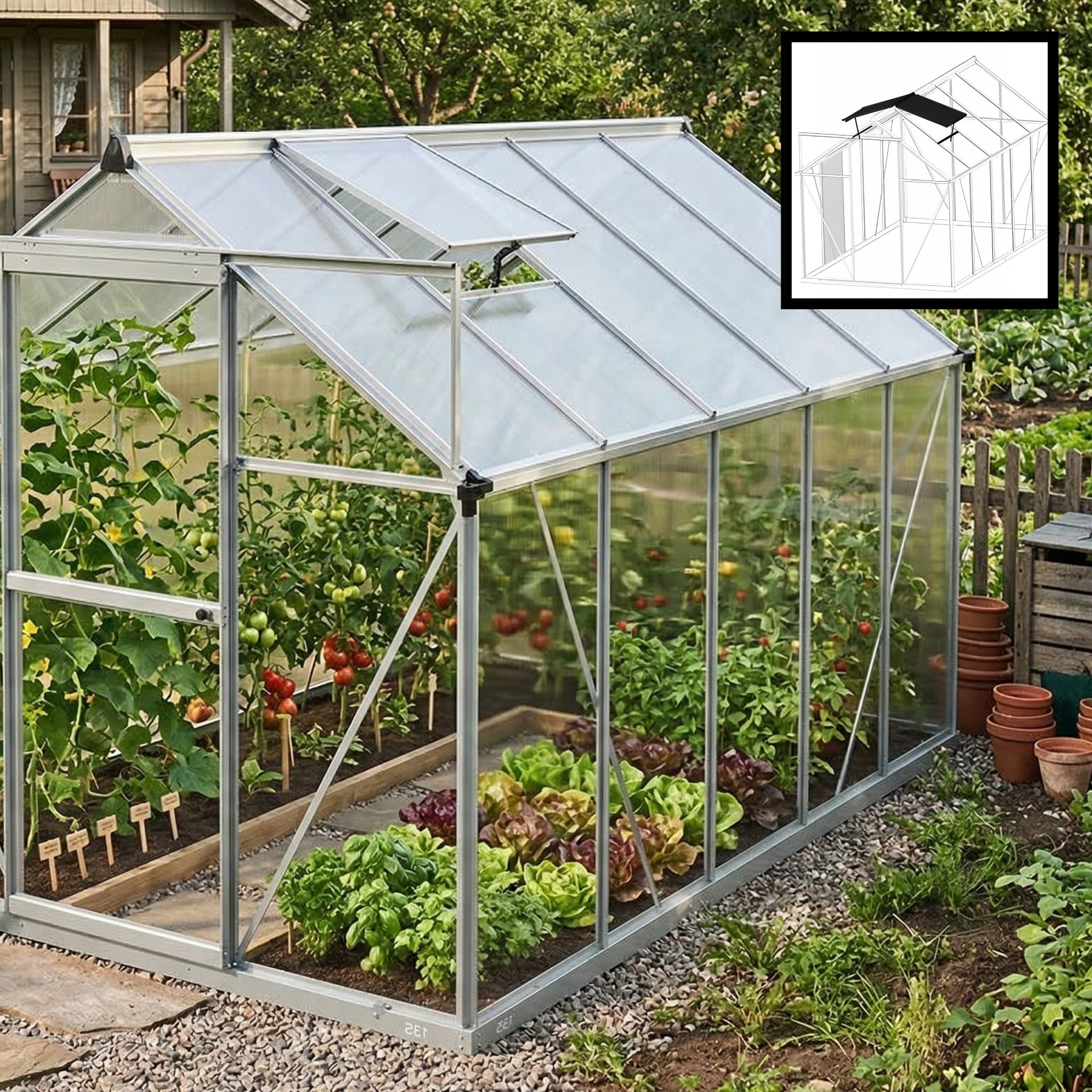 POLYCARBONATE GARDEN GREENHOUSE 302X183CM 5,24M2 COTTAGE TUNNEL ROOF WINDOWS Product height 190 cm