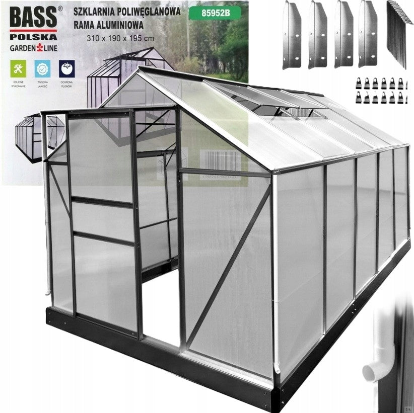POLYCARBONATE GARDEN GREENHOUSE ALUMINUM 310CM BLACK GARDEN GREENHOUSE