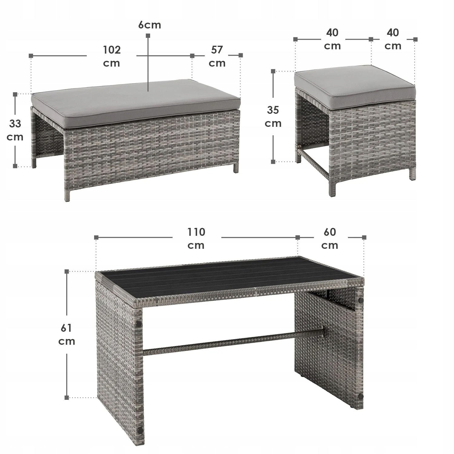 POLYRATTAN BALCONY FURNITURE 2IN1 JAMAJKA TABLE SOFA POUFS GREY For couch set