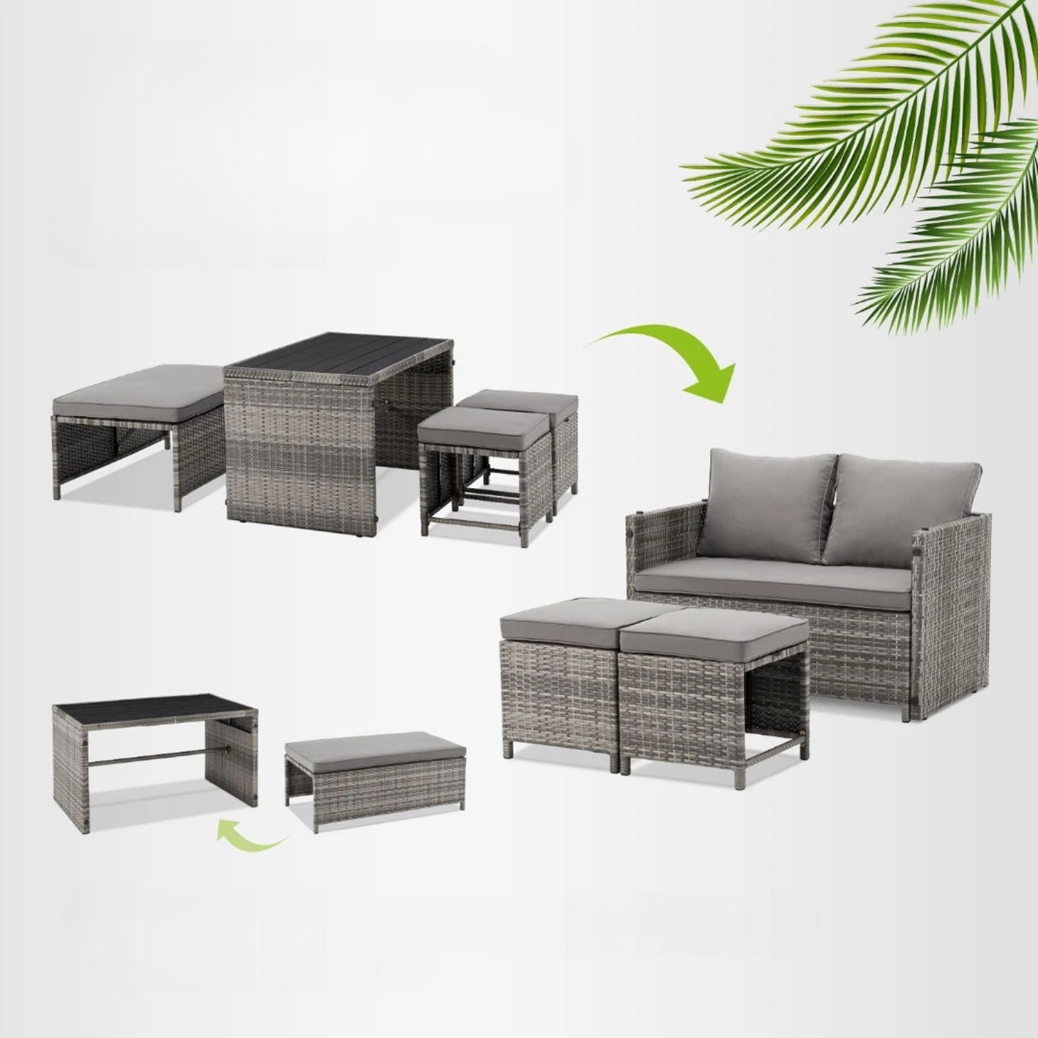 POLYRATTAN BALCONY FURNITURE 2IN1 JAMAJKA TABLE SOFA POUFS GREY Manufacturer Juskys