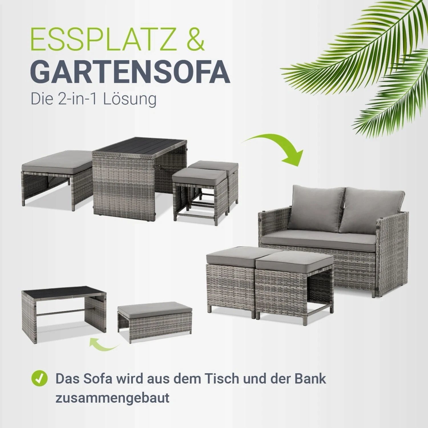 POLYRATTAN BALCONY FURNITURE 2IN1 JAMAJKA TABLE SOFA POUFS GREY Number of people 4