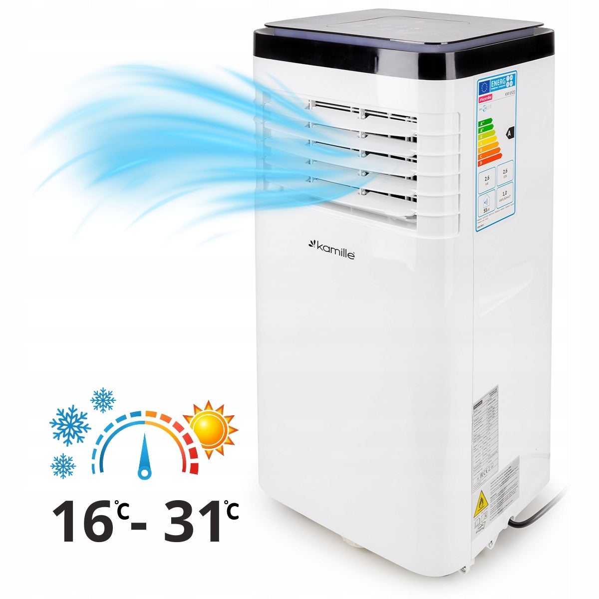 PORTABLE AIR CONDITIONER QUIET 3in1 2.6kW 9000BTU/h DEHUMIDIFIER KAMILLE Power 2600 W