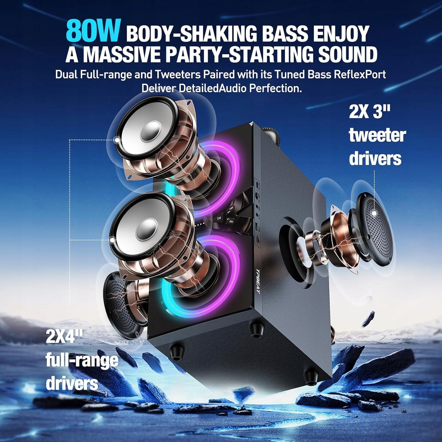 PORTABLE BLUETOOTH SPEAKER 80W LED BASS PORTABLE GIFT 100 dB PARTY Manufacturer code TP-BA-01