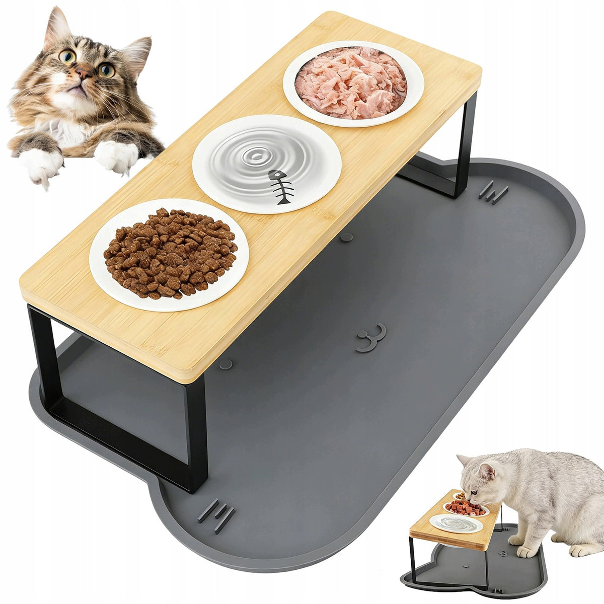 PORTABLE CAT BOWLS FEEDING STATION 3 CERAMIC BOWL FEEDER