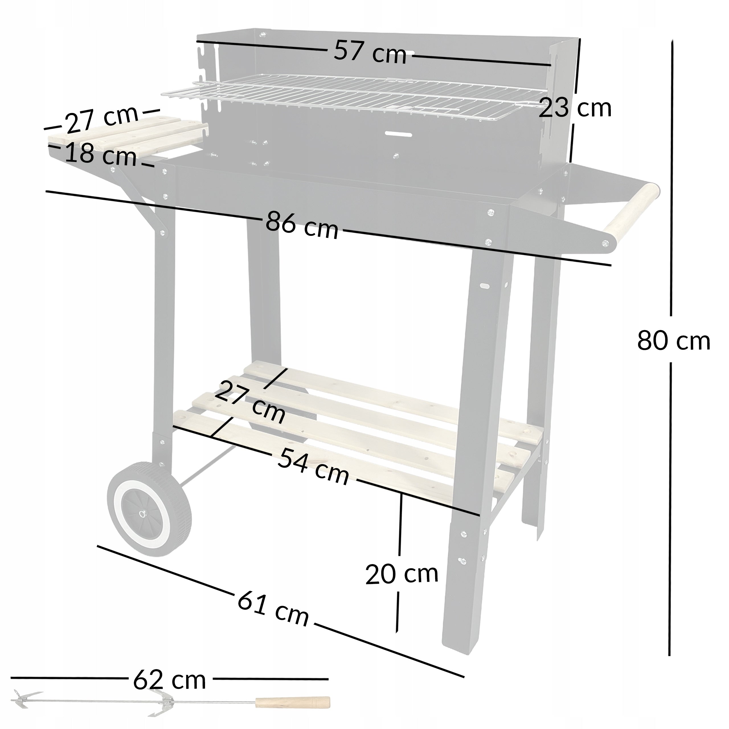 PORTABLE CHARCOAL GARDEN GRILL WITH 2 SHELVES ON WHEELS BBQ 1012 Grill width 87 cm