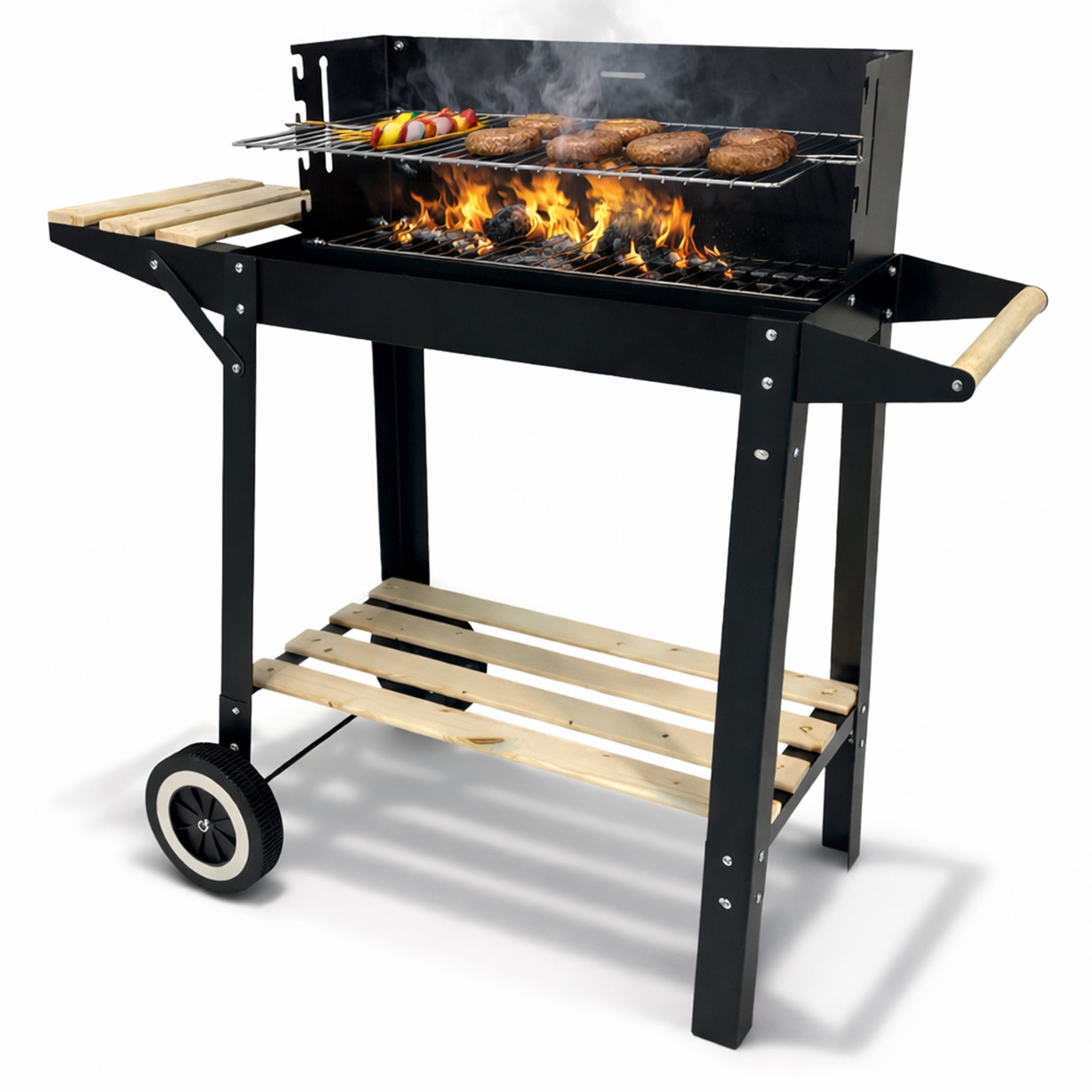 PORTABLE CHARCOAL GARDEN GRILL WITH 2 SHELVES ON WHEELS BBQ 1012