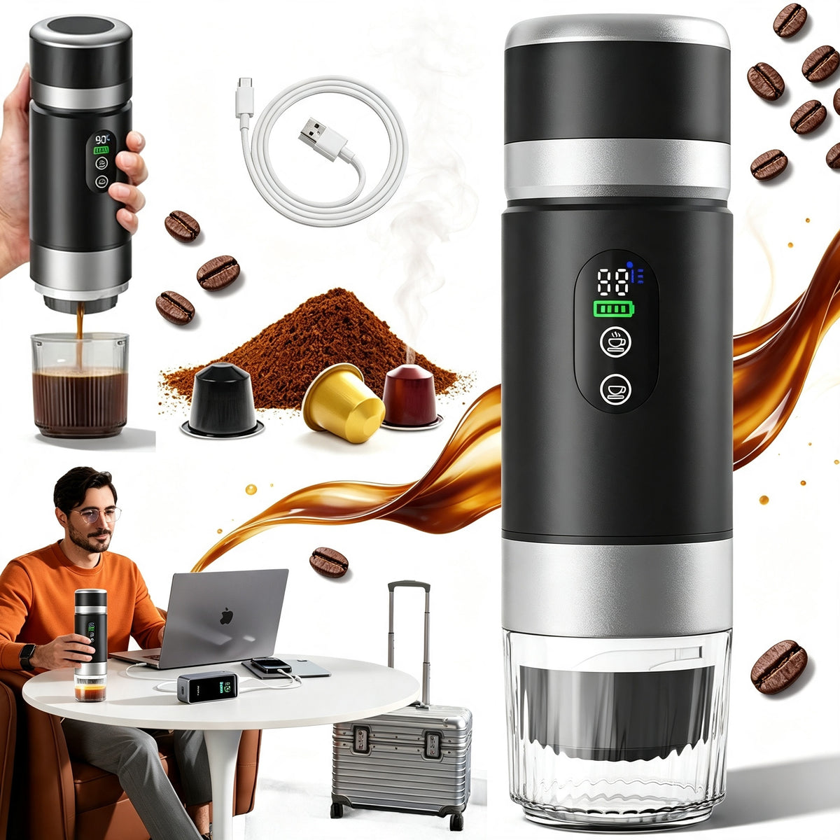 PORTABLE COFFEE MAKER 150ml 3IN1 FAST HEATING 20 BAR TRAVEL