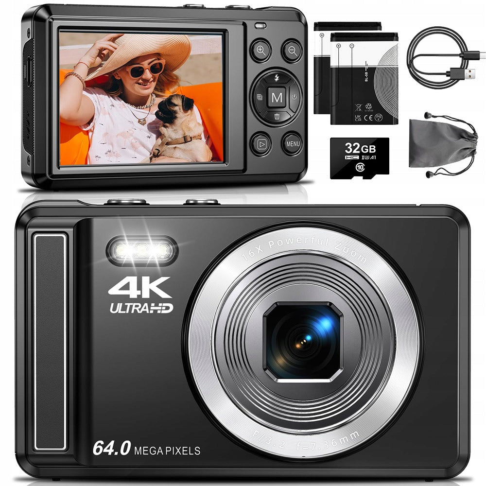 PORTABLE DIGITAL CAMERA BLACK 4K 64MP 16X ZOOM +32GB