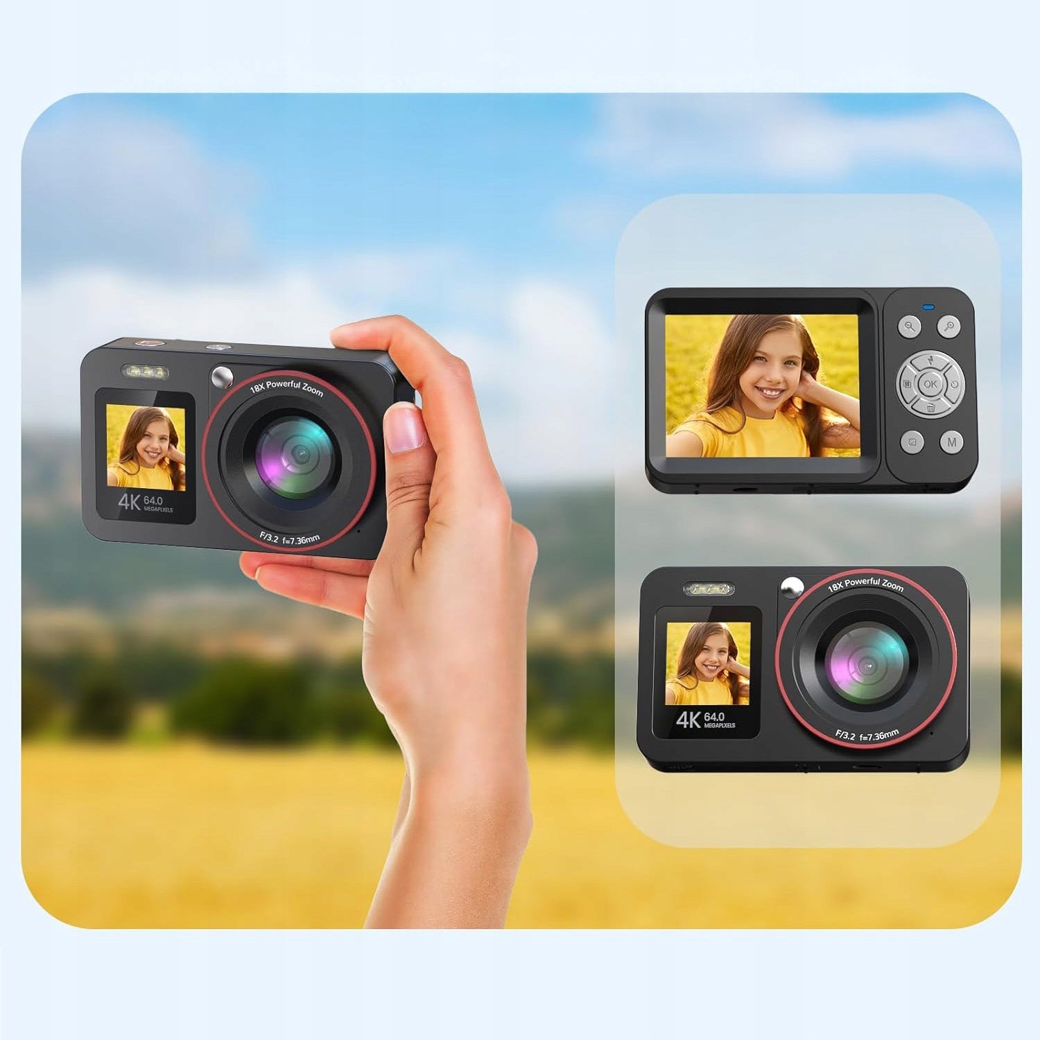 PORTABLE DIGITAL CAMERA COMPACT CAMERA CCD 64MP LCD ANTISHAKE WITH 64GB Resolution 44 Mpx