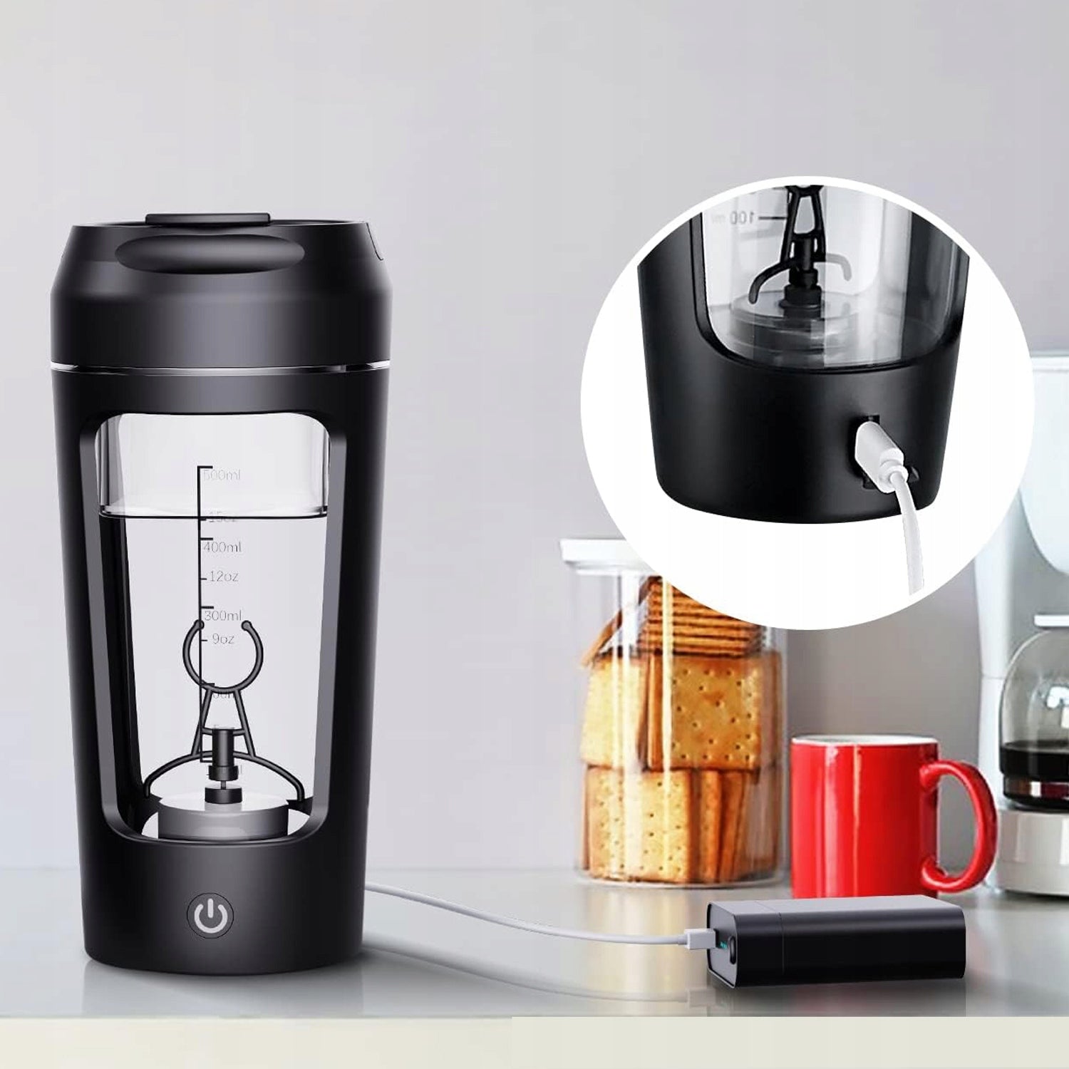 PORTABLE ELECTRIC USB SHAKER FOR PROTEIN/COFFEE/MILK POWDER 650ML BLACK Height 20 cm