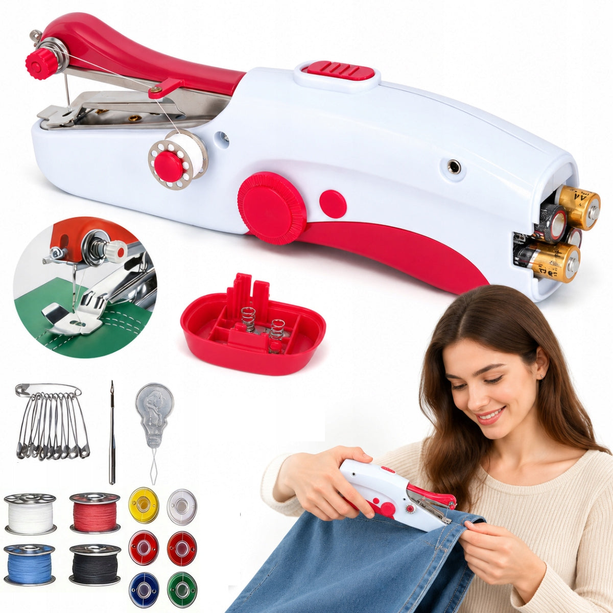 PORTABLE HANDHELD MINI ELECTRIC SEWING MACHINE WITH SEWING ACCESSORIES