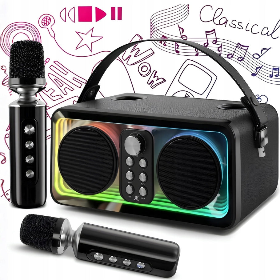 PORTABLE KARAOKE SPEAKER 2 MICROPHONES WIRELESS BLUETOOTH LED BLACK
