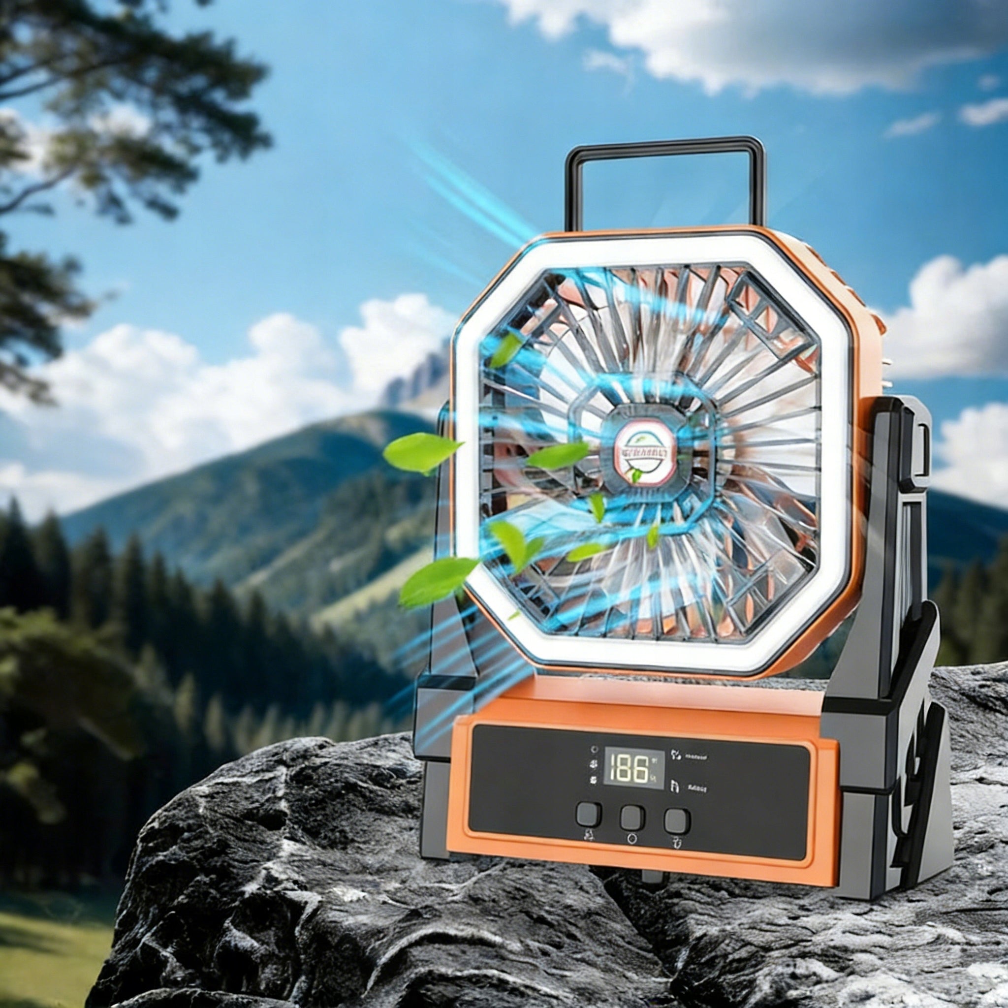 PORTABLE QUIET CAMPING FAN FOLDING 4 SPEEDS FOR TENT Dominant color orange