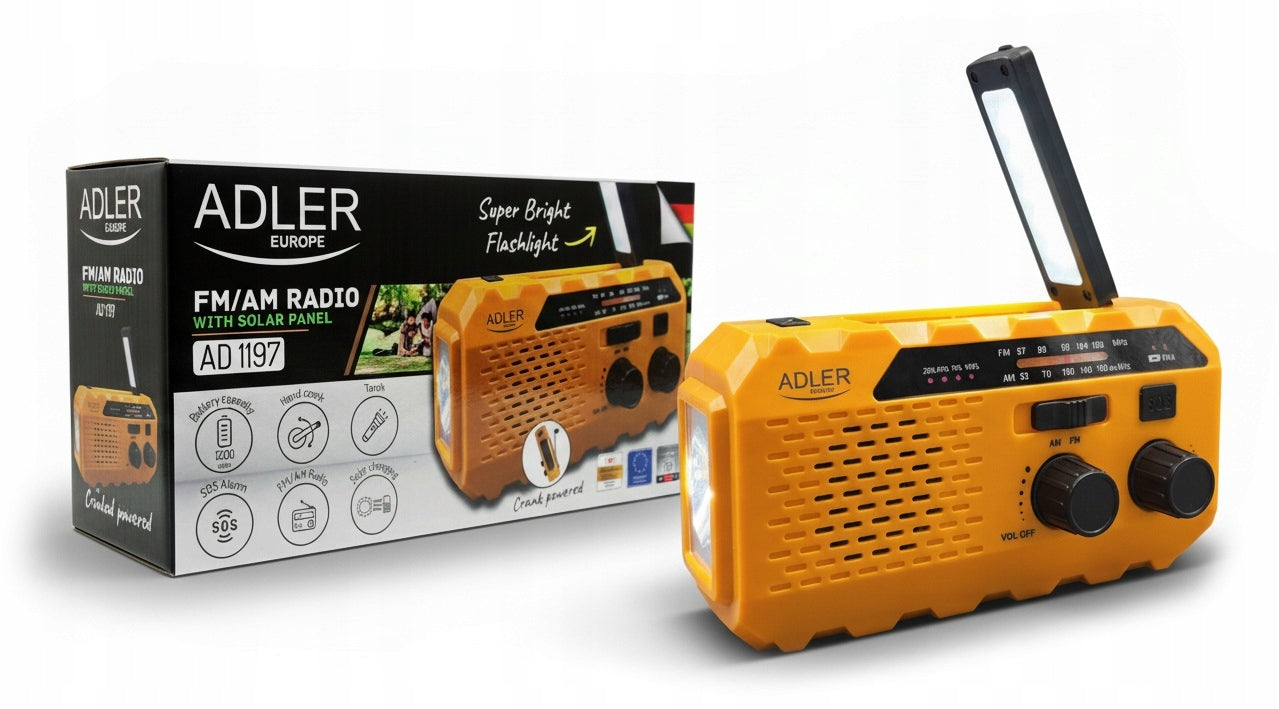 PORTABLE RADIO | ADLER AD1197 | AM/FM SOLAR CRANK FLASHLIGHT POWER BANK ALARM