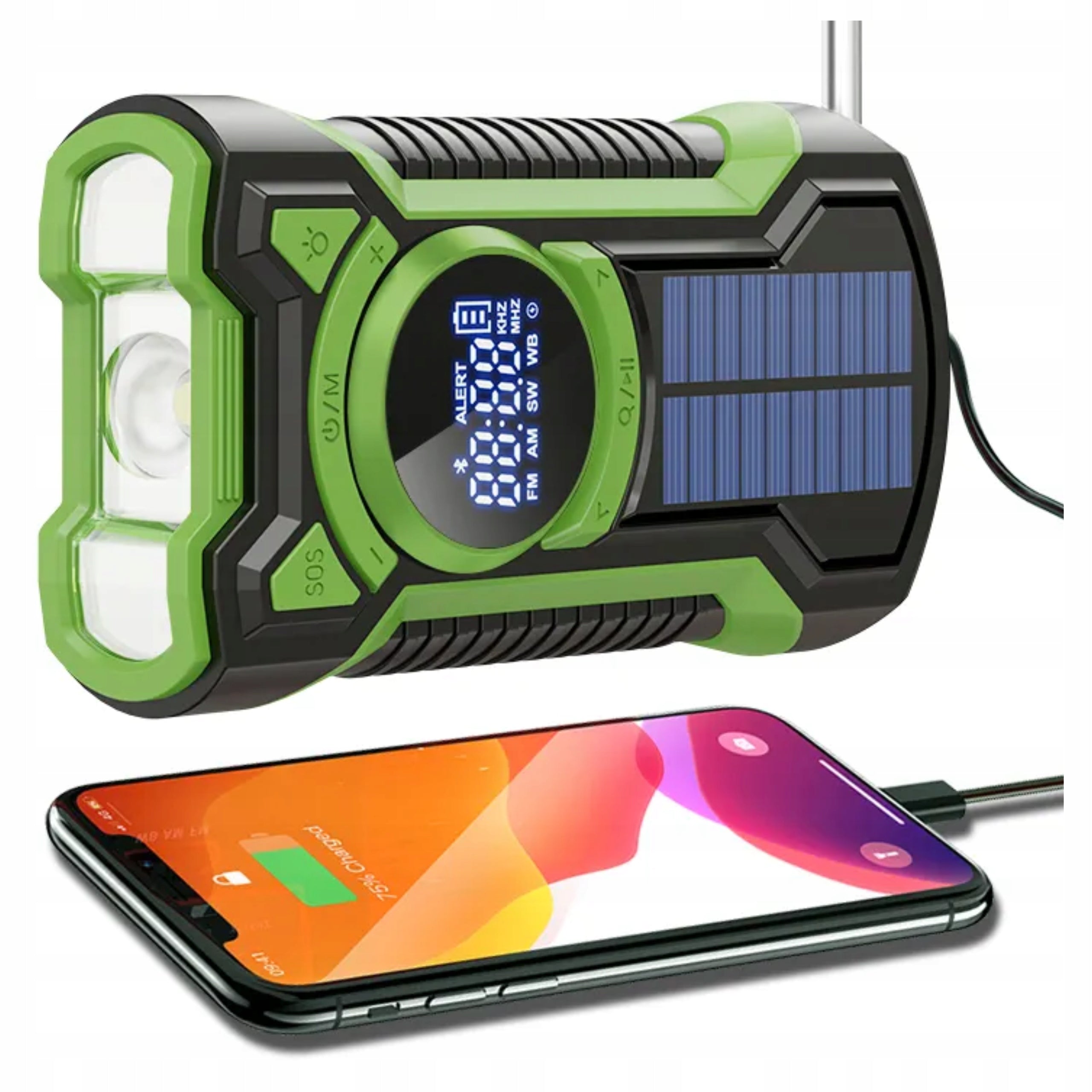 PORTABLE SOLAR RADIO CRANK ALARM DYNAMO EMERGENCY FLASHLIGHT 5000mAh JB-07G