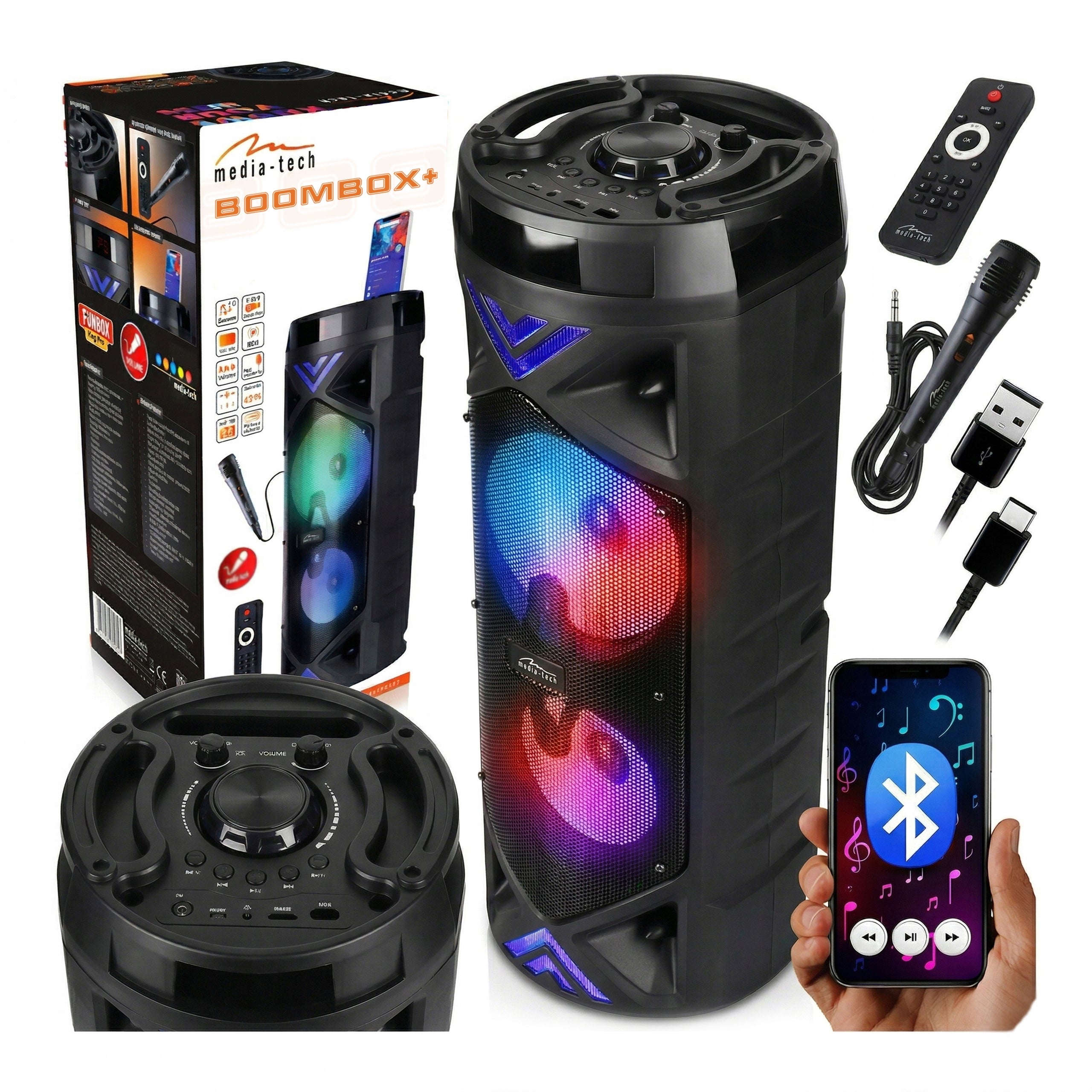 PORTABLE SPEAKER BOOMBOX + MEDIA-TECH WITH BLUETOOTH MICROPHONE KARAOKE 50W