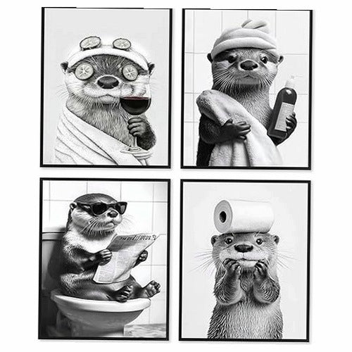 POSTERS OTTER BATHROOM RETRO BLACK AND WHITE SET OF 4 PIECES GIFT