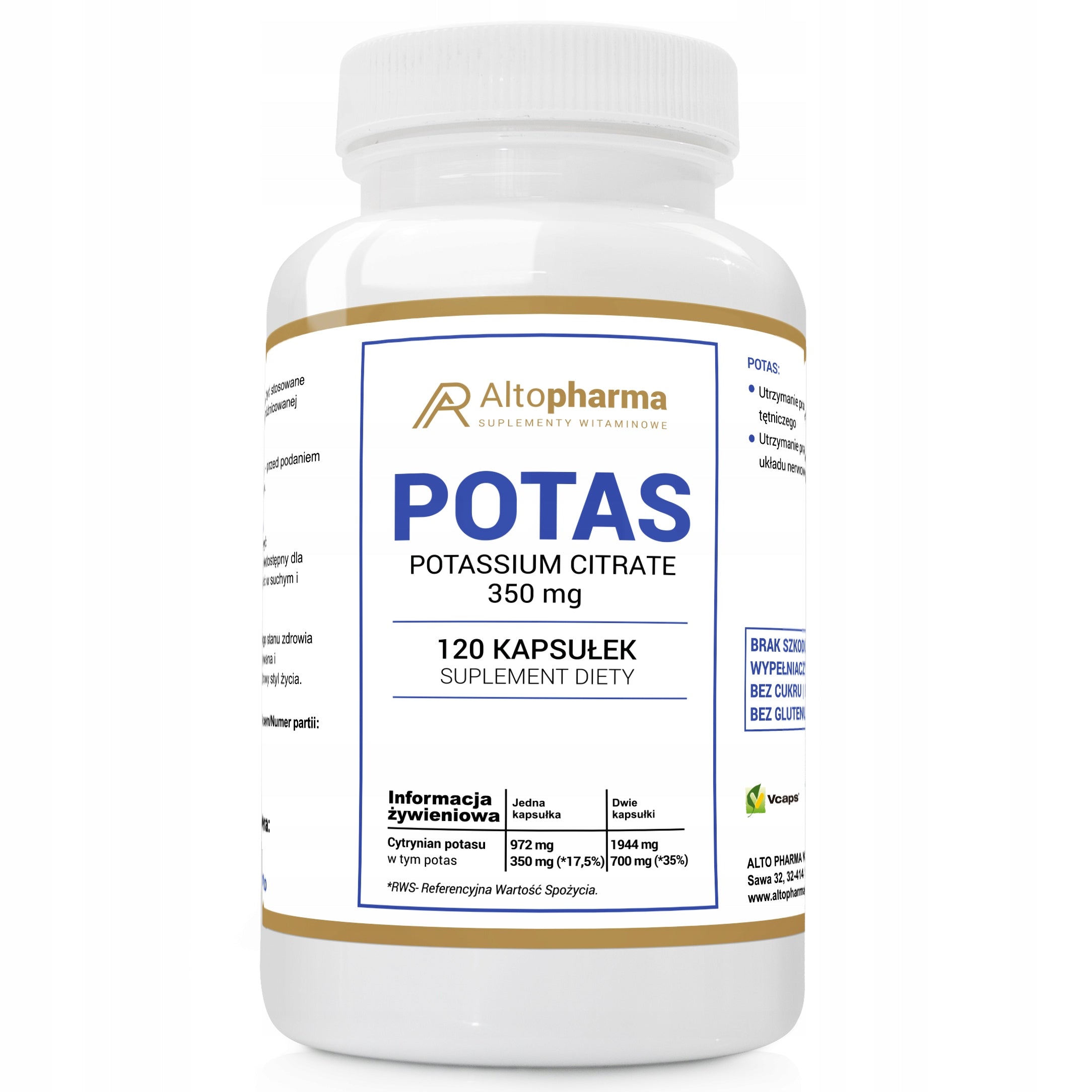 POTASSIUM 350mg PURE GUT POTASSIUM CITRATE Alto Pharma 120 vege kaps.