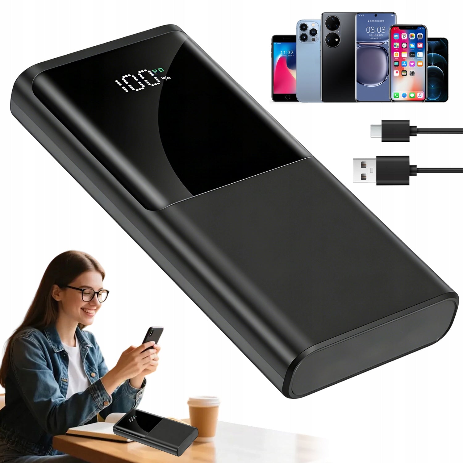 POWER BANK 20000MAH USB C MICRO USB LED 22.5W FOR PHONES AND TABLETS
