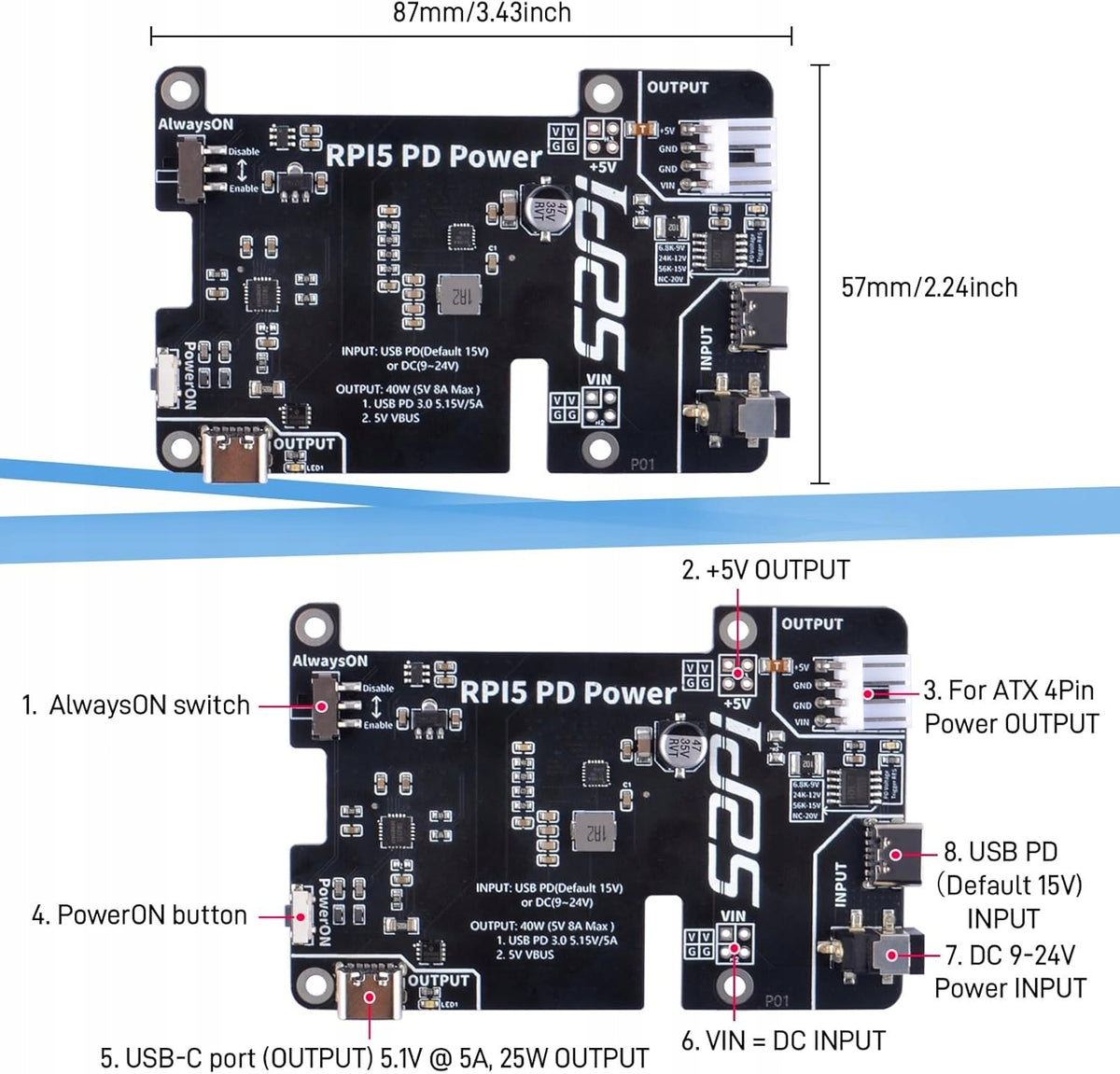 POWER CARD FOR RASPBERRY PI 5 PD AUTOSTART OUTPUT 40W USB C 5V 8A Manufacturer code 5908040156228