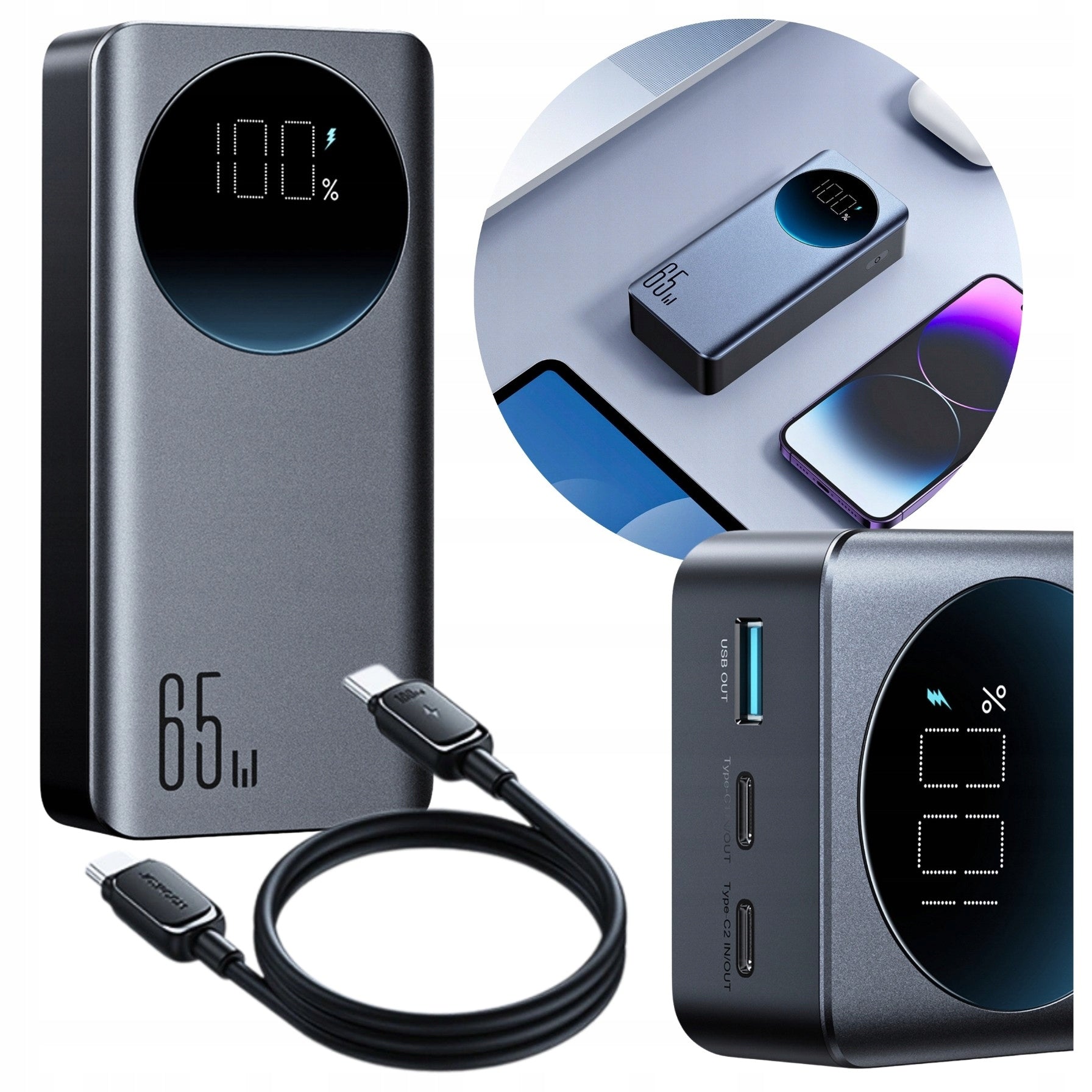 POWERBANK 30000 mAh 65W 2x USB-C USB POWER BANK DISPLAY + USB-C CABLE