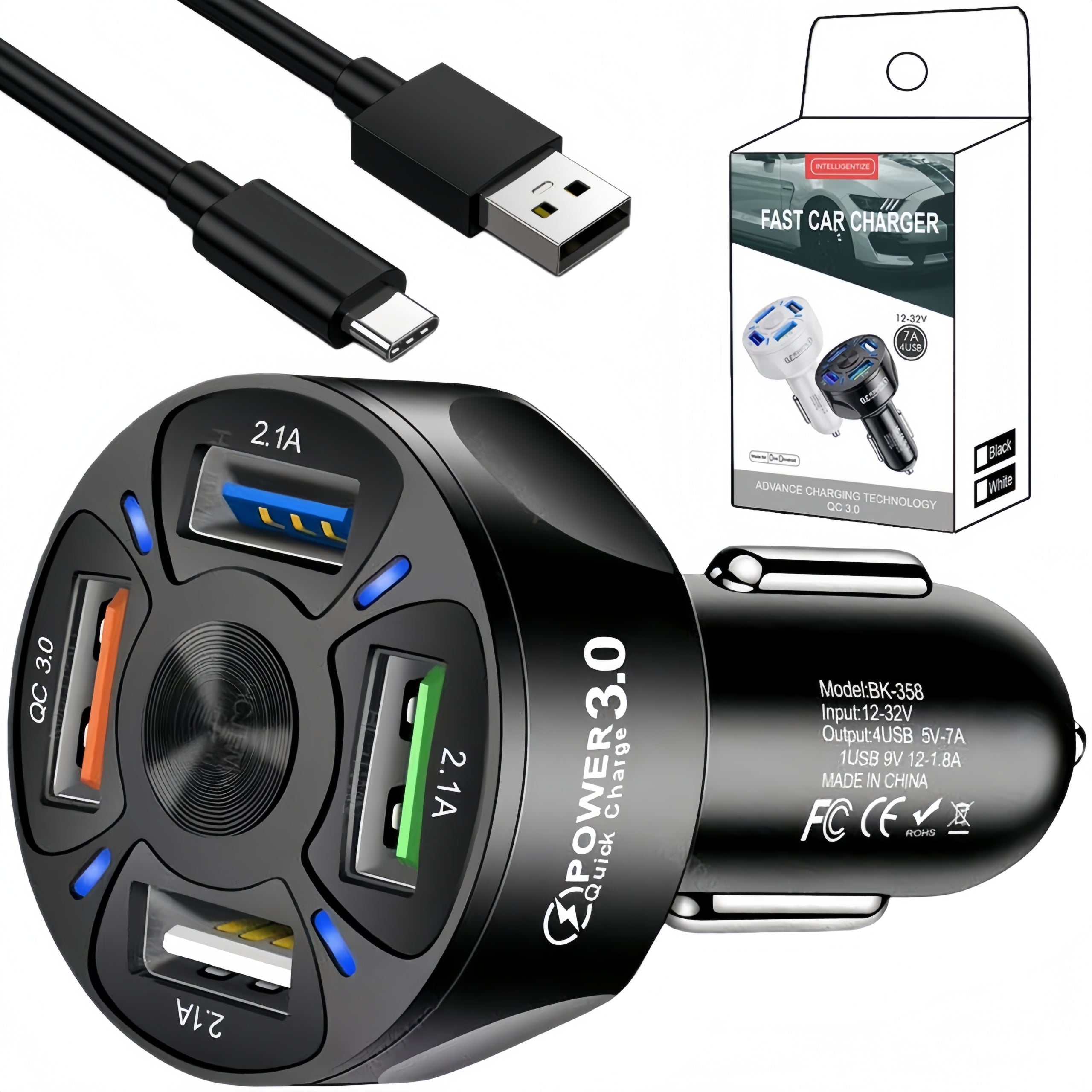 POWERFUL 4x USB PD QC 3.0 FAST CAR CHARGER FOR PHONE + CABLE