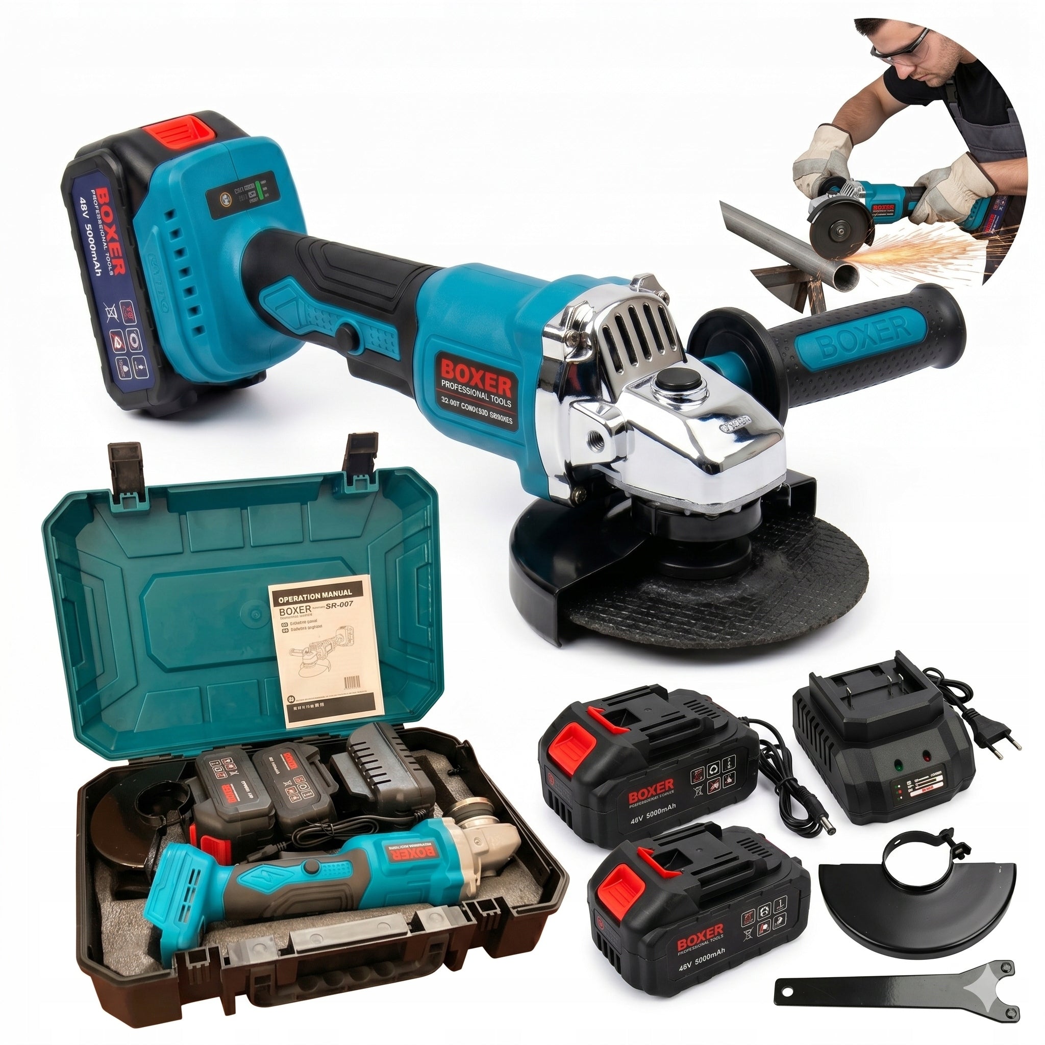 POWERFUL ANGLE GRINDER Cordless BOXER 5Ah 125mm Case + 2 x AKU 48V