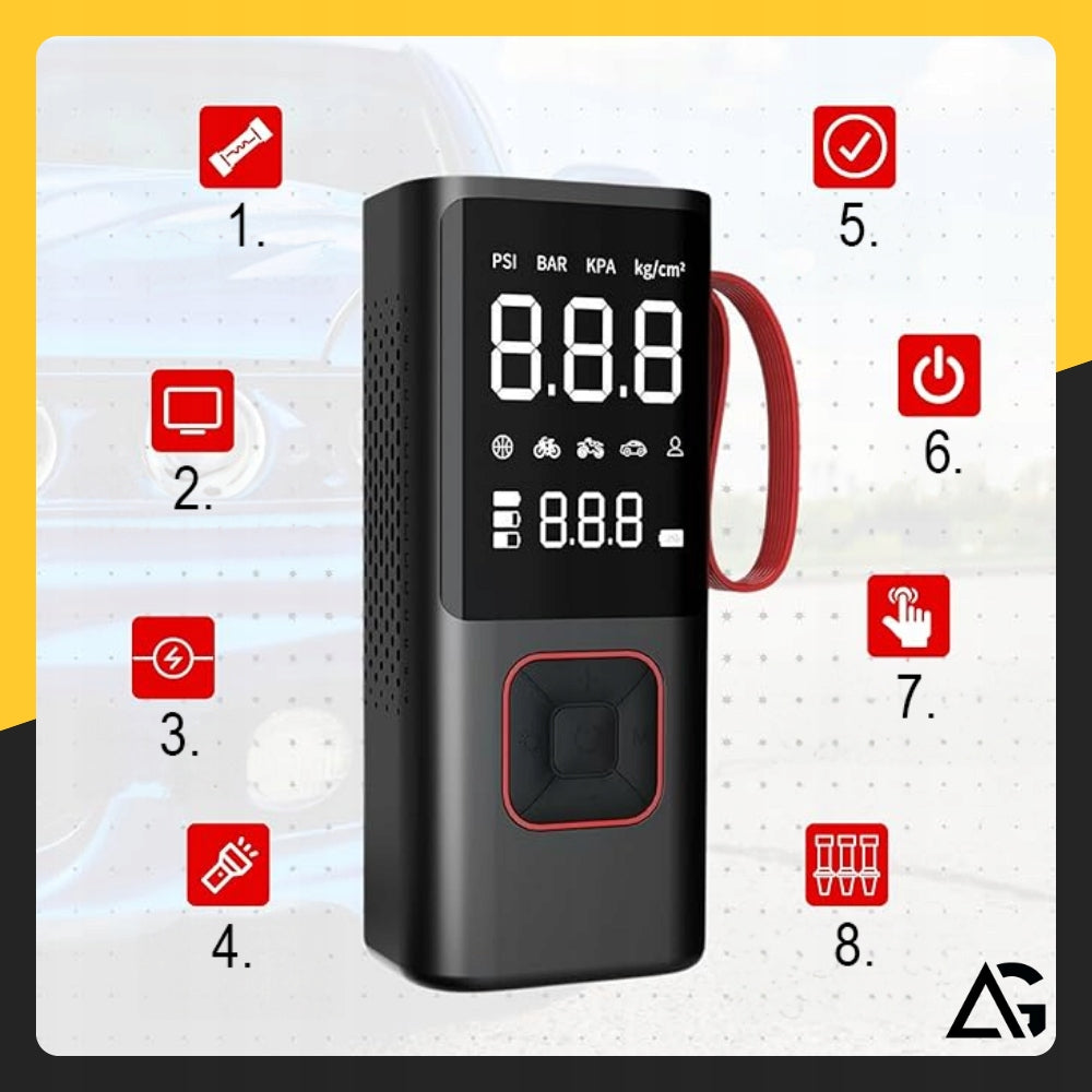 POWERFUL BICYCLE COMPRESSOR CAR BATTERY PUMP COMPRESSOR UP TO 80W Model AKU BEZPRZEWODOWA LCD LATARKA PRZENOŚNY PRZENOŚNY