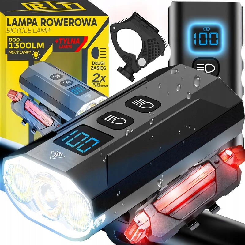 POWERFUL BIKE LIGHT 5 MODES LED FRONT+REAR 1300lm 2500mAh IP65 HOLDER 360