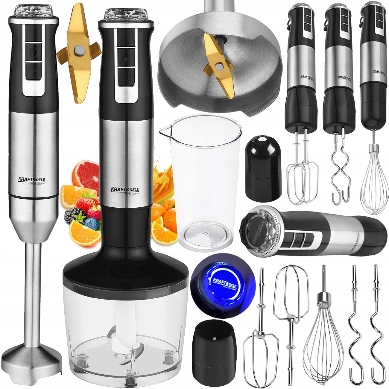 POWERFUL BLENDER MULTIFUNCTIONAL HAND MIXER 1500W SILVER LED AKCESORIA XXL