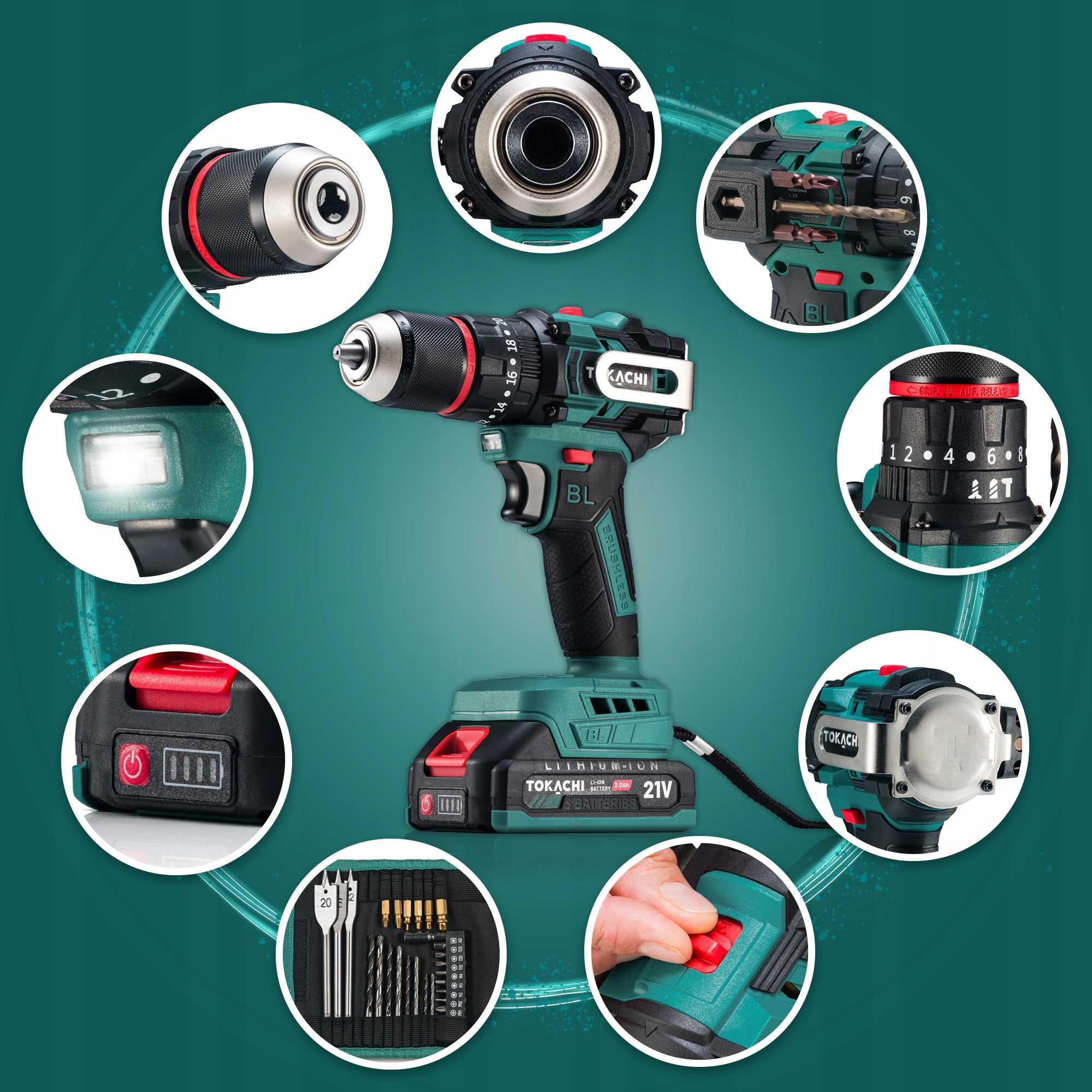 POWERFUL DRILL CORDLESS IMPACT DRIVER BRUSHLESS PRO 2xAKU 21V Brand Tokachi