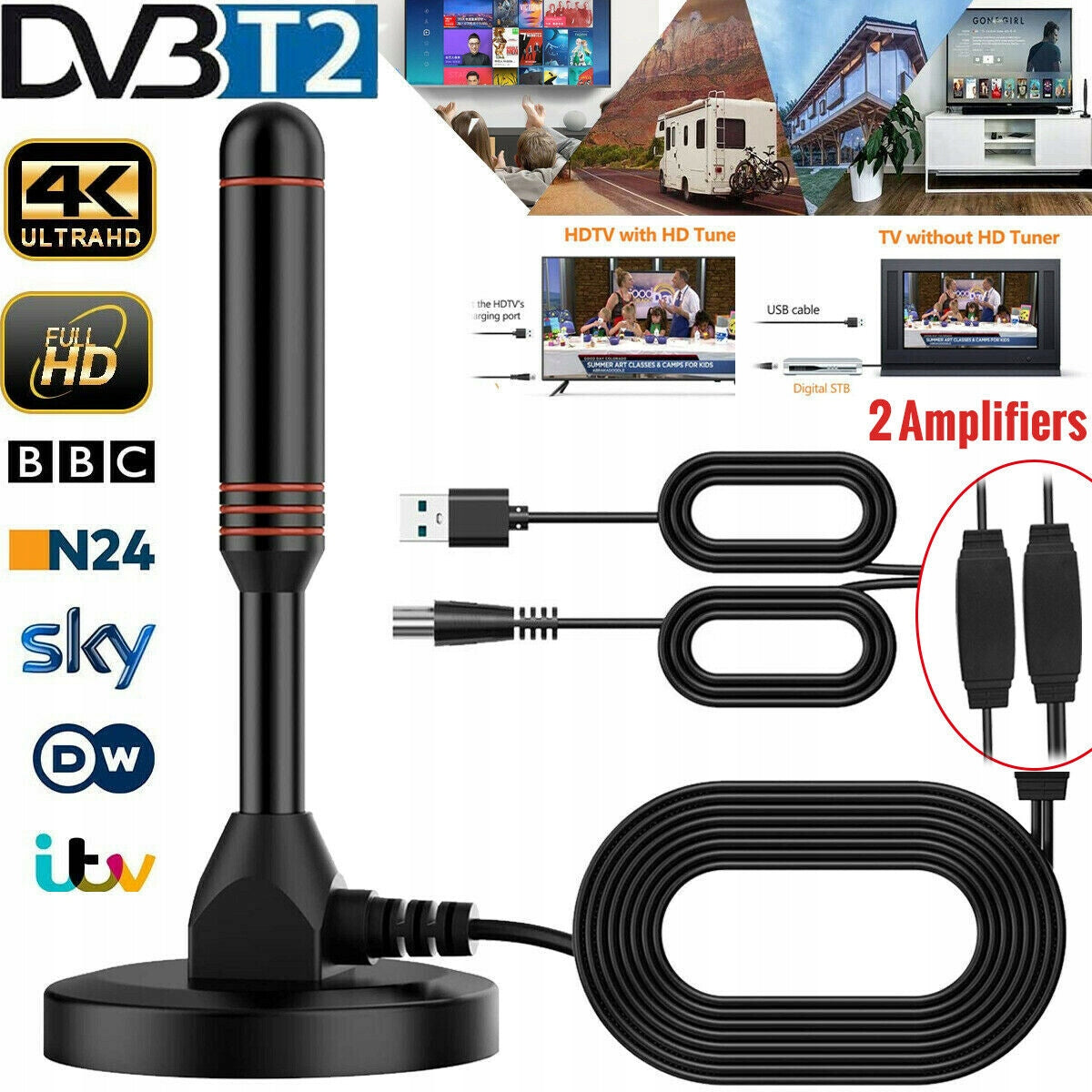POWERFUL DVB-T2 TERRESTRIAL ANTENNA ROOM HD TV 4K LTE MAGNET AMPLIFIER New