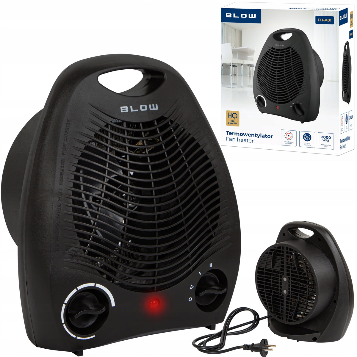 POWERFUL FAN ELECTRIC APRON RADIATOR THERMOSTAT BLACK 2000W