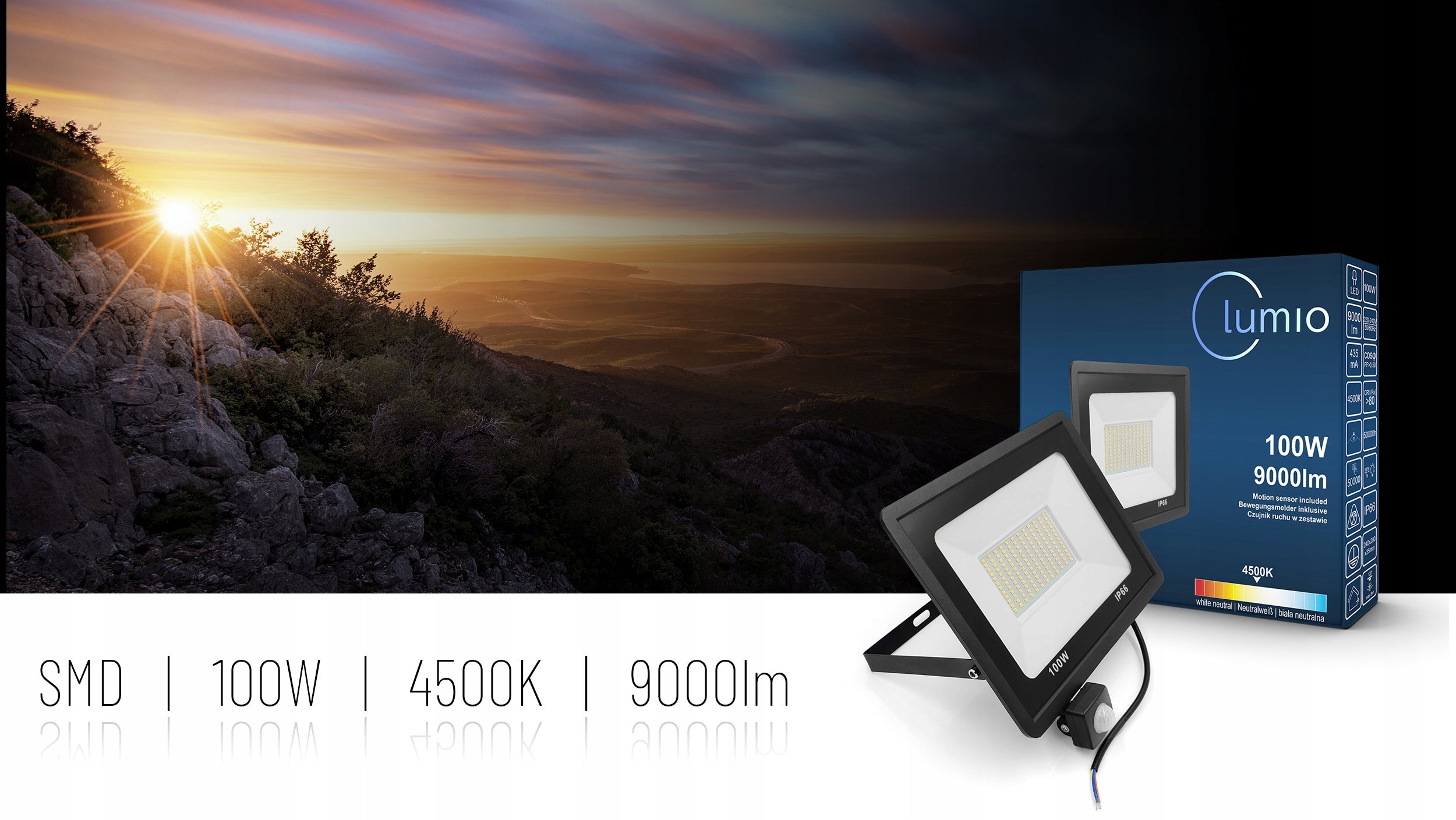 POWERFUL HALOGEN LED 100W FLOODLIGHT WITH DUSK MOTION SENSOR 9000lm SLIM Manufacturer code 301041H