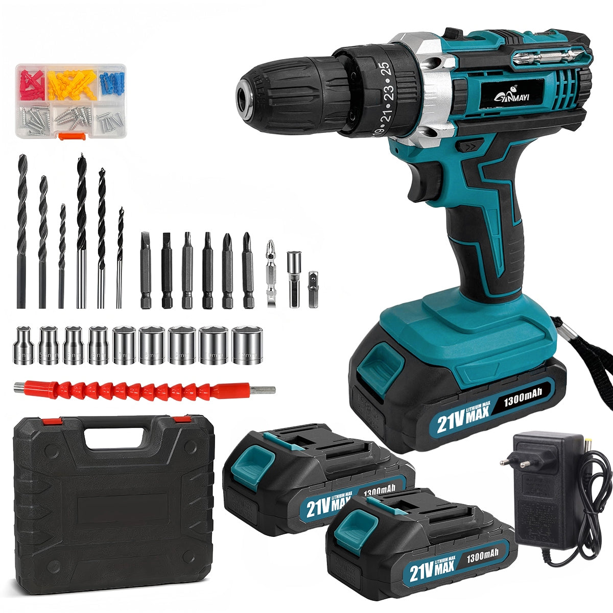 POWERFUL HAMMER CORDLESS DRILL 21V 2X AKU CASE SET Manufacturer code Electric Drill-Blue